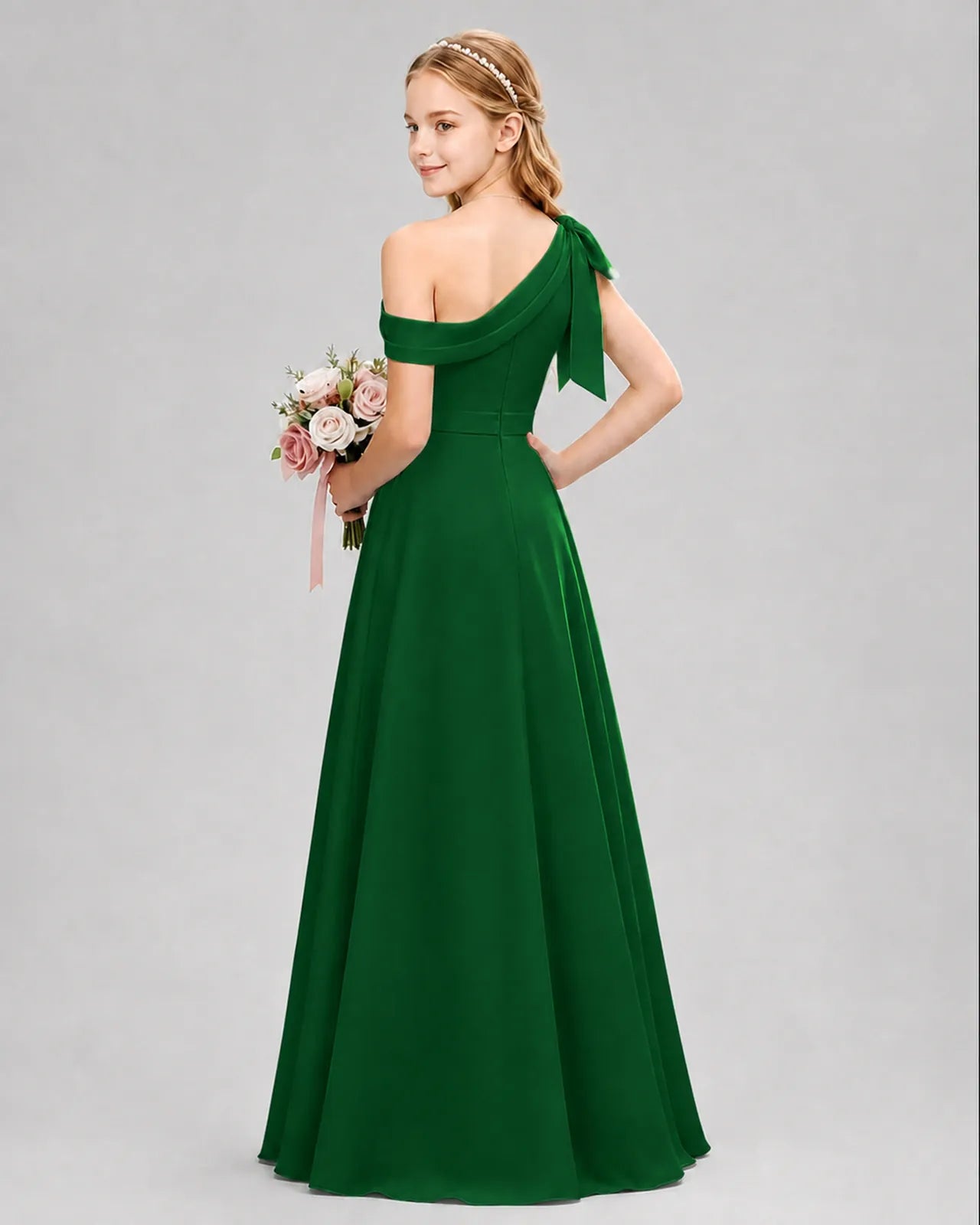 Dark Green Chiffon A-line Junior Bridesmaid Dress Back View