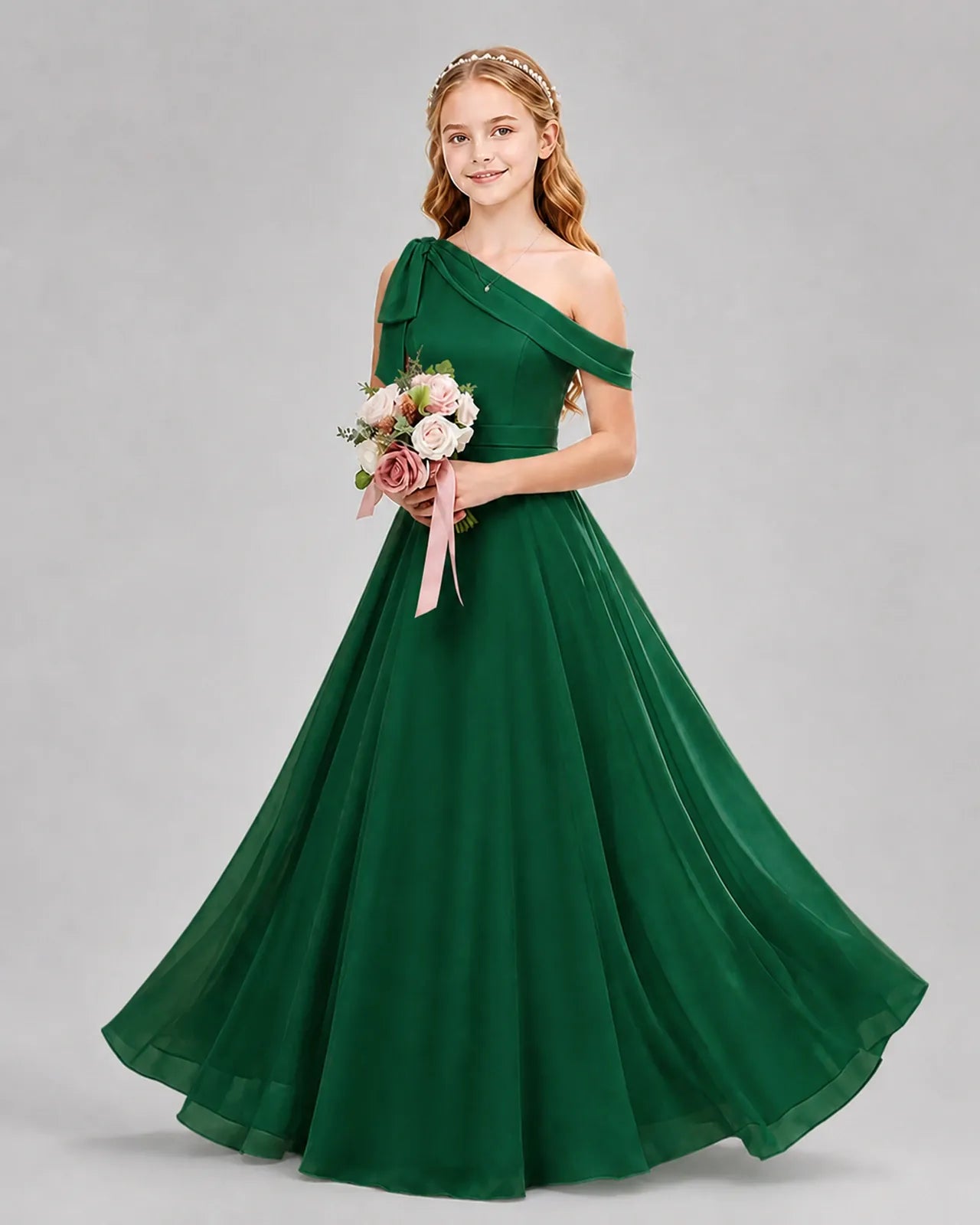 Dark Green Chiffon A-line Junior Bridesmaid Dress Front View