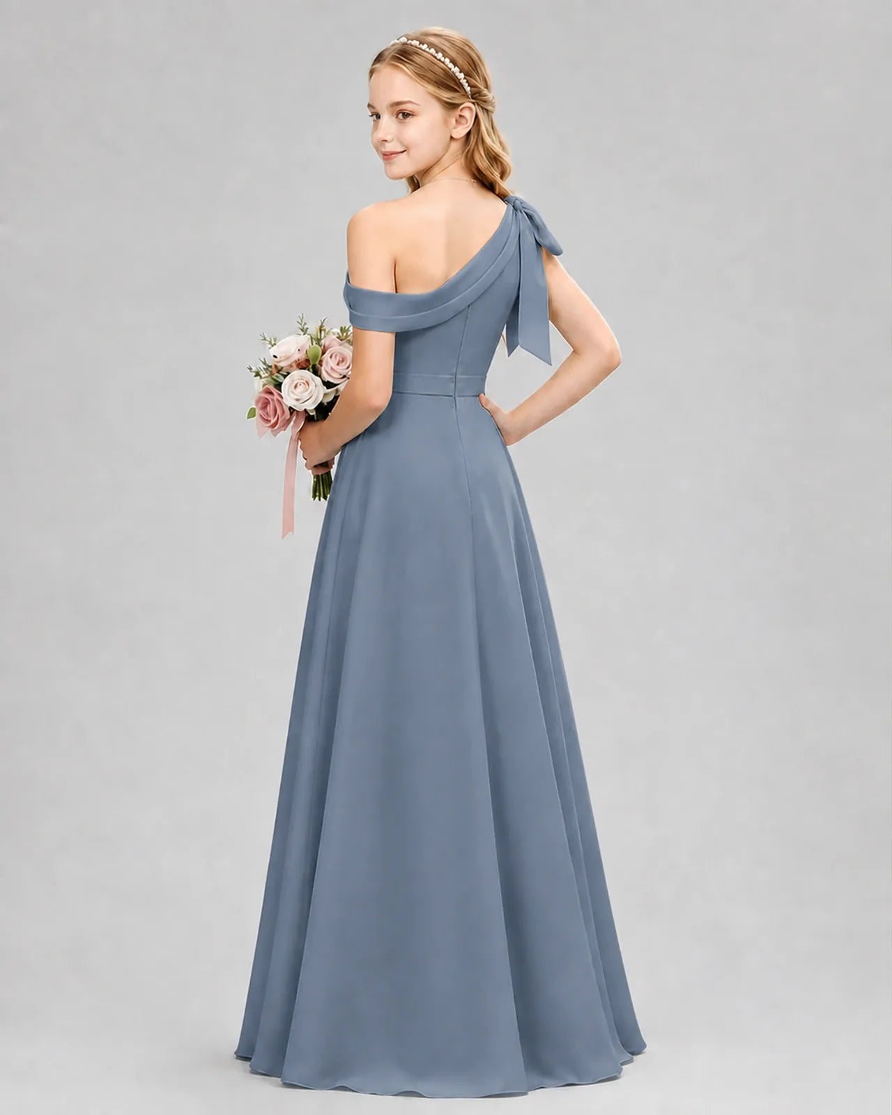 Dusty Blue Chiffon A-line Junior Bridesmaid Dress Back View