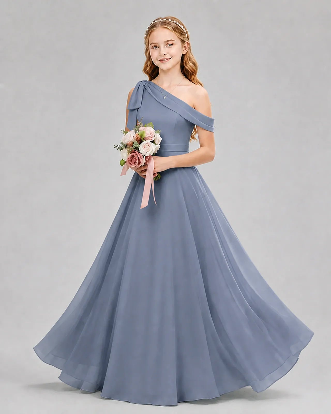Dusty Blue Chiffon A-line Junior Bridesmaid Dress Front View