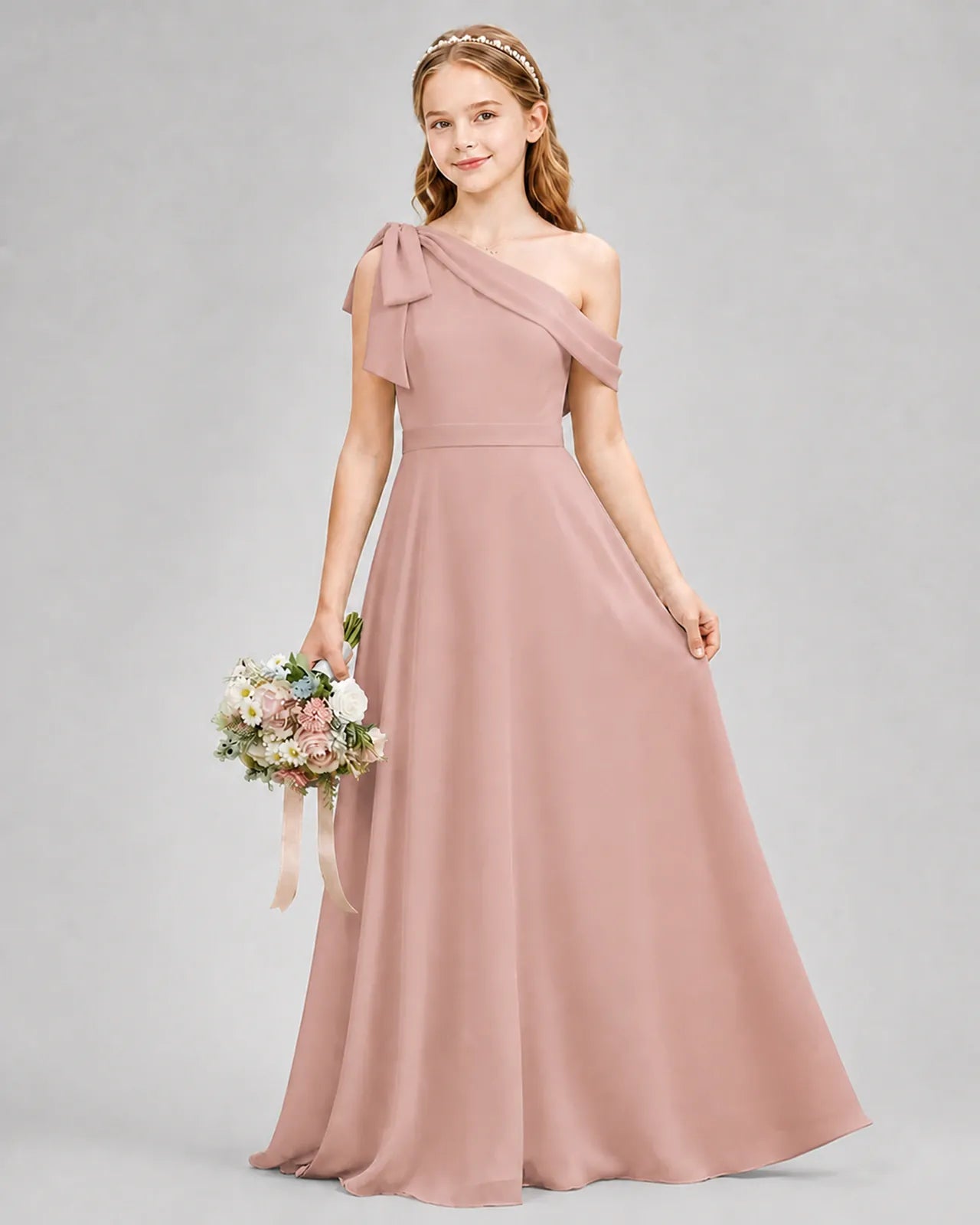 Dusty Rose Chiffon A-line Junior Bridesmaid Dress Front View
