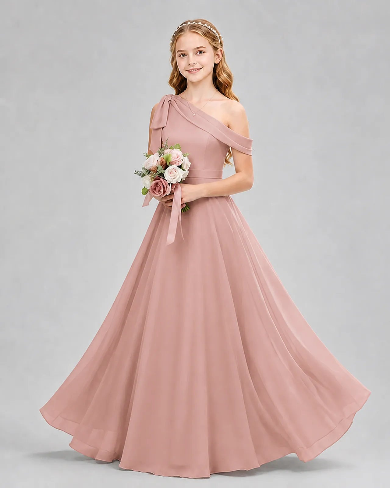 Dusty Rose Chiffon A-line Junior Bridesmaid Dress Front View