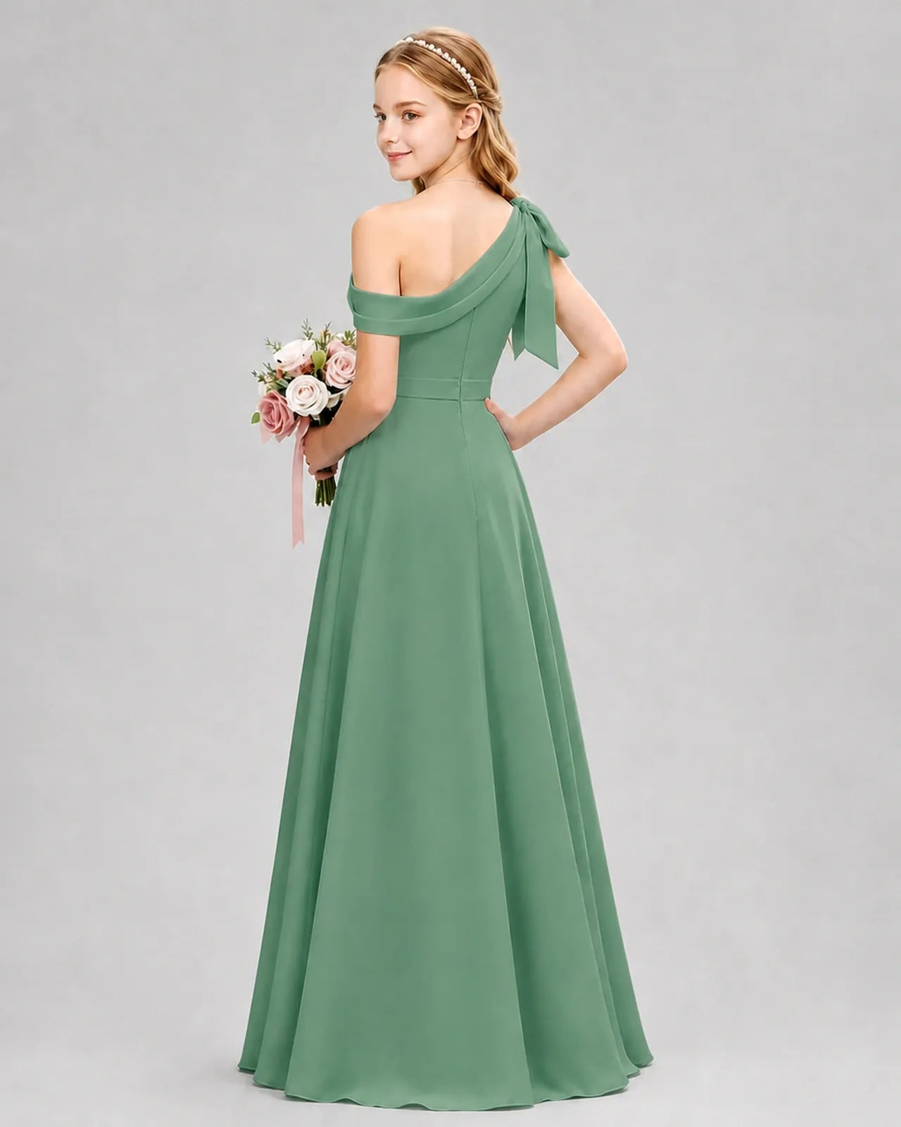 Eucalyptus Chiffon A-line Junior Bridesmaid Dress Back View