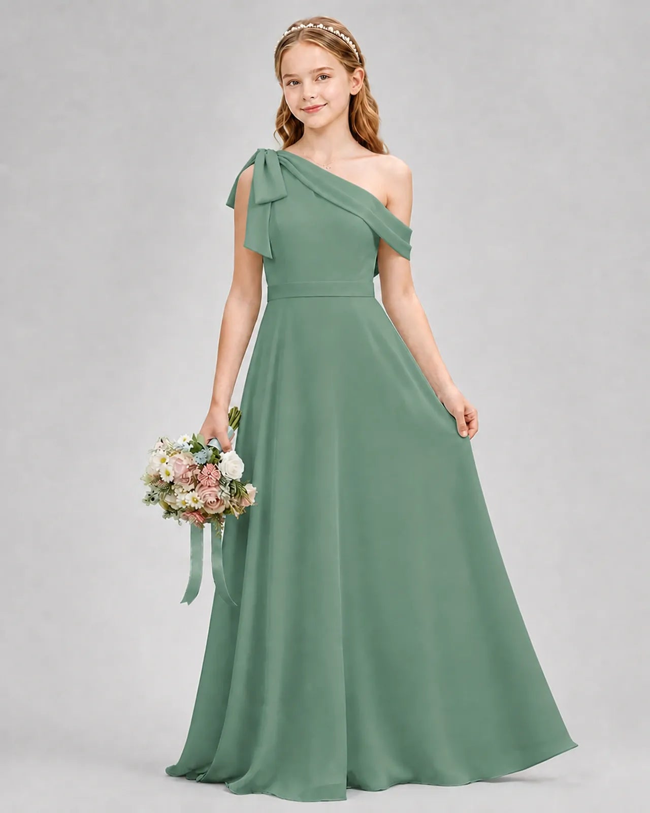 Eucalyptus Chiffon A-line Junior Bridesmaid Dress Front View