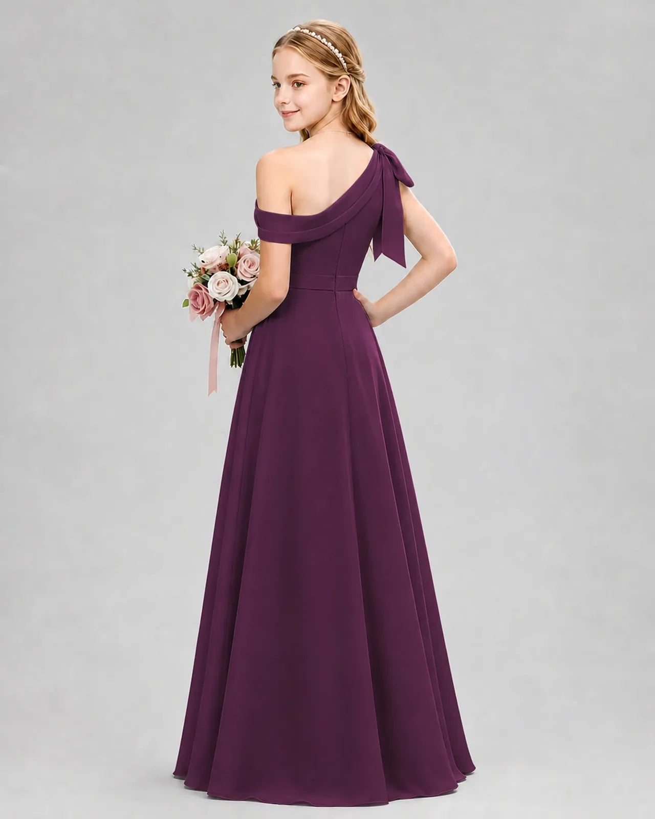 Grape Chiffon A-line Junior Bridesmaid Dress Back View