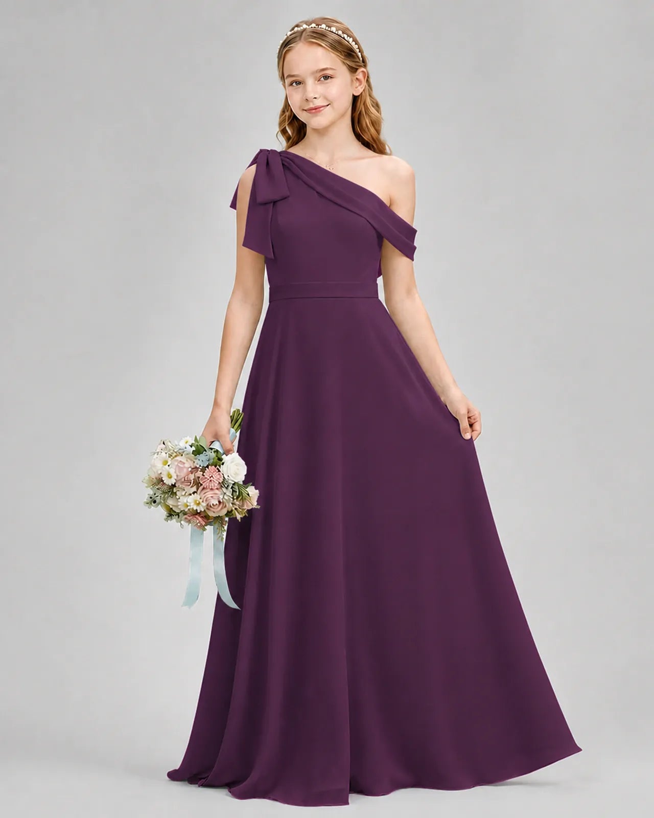 Grape Chiffon A-line Junior Bridesmaid Dress Front View