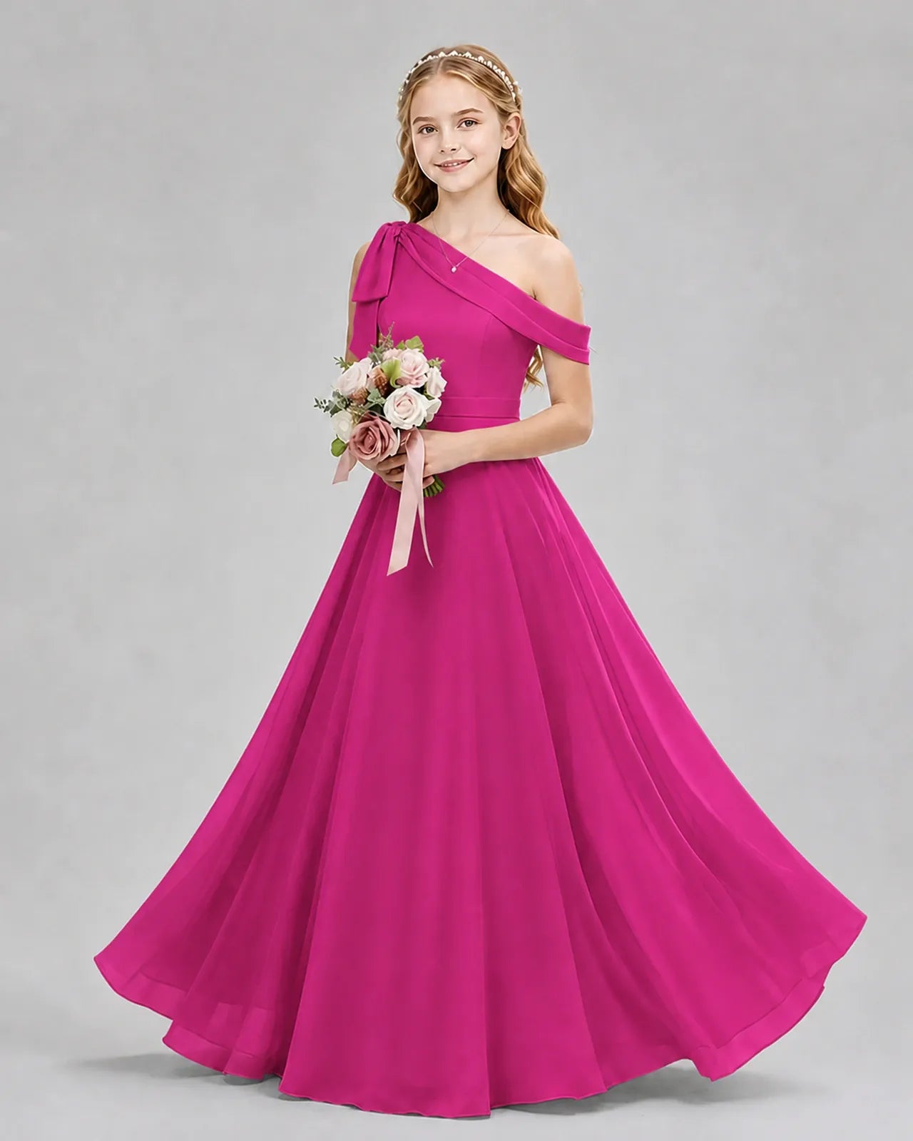 Hot Pink Chiffon A-line Junior Bridesmaid Dress Front View