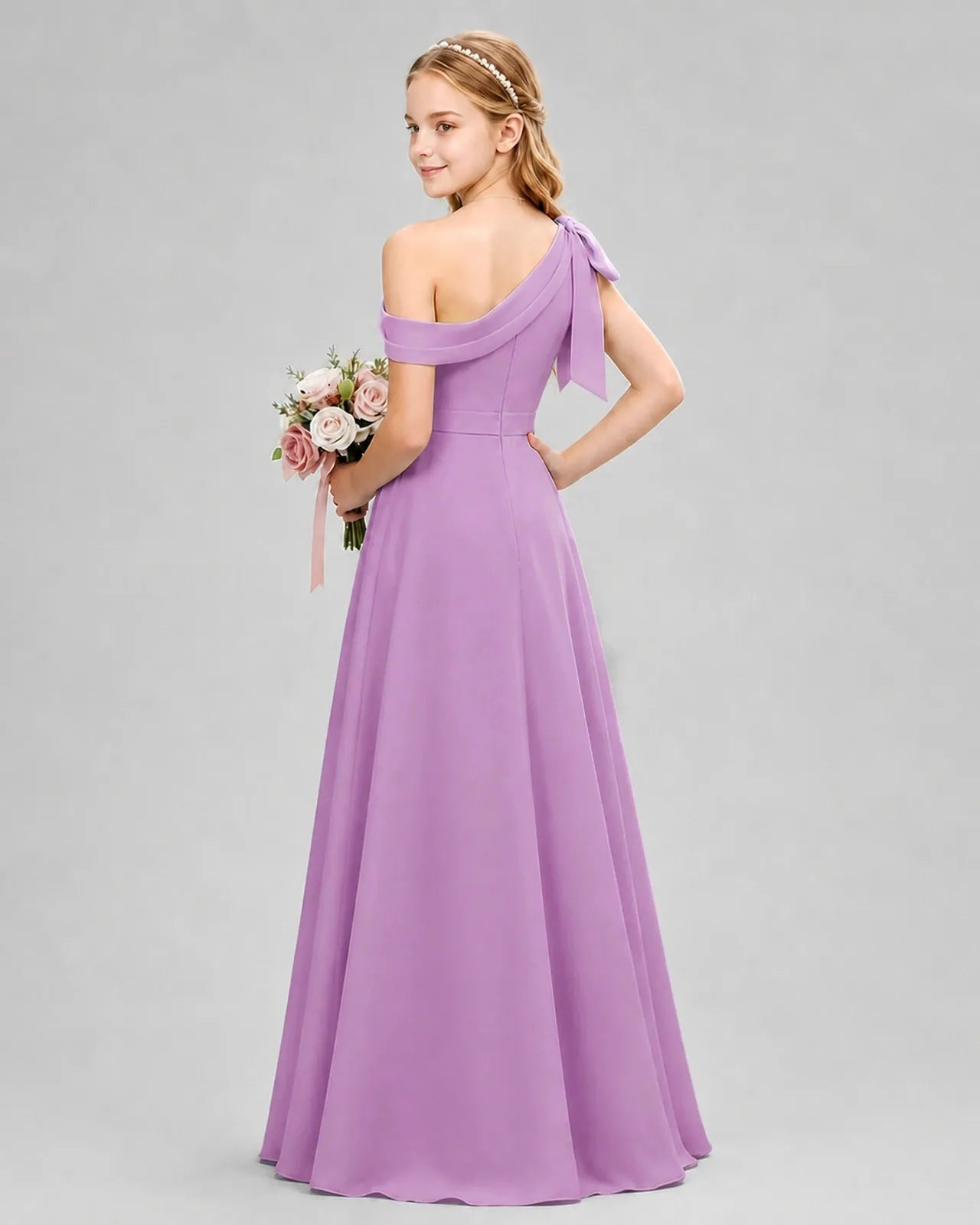 Lilac Chiffon A-line Junior Bridesmaid Dress Back View