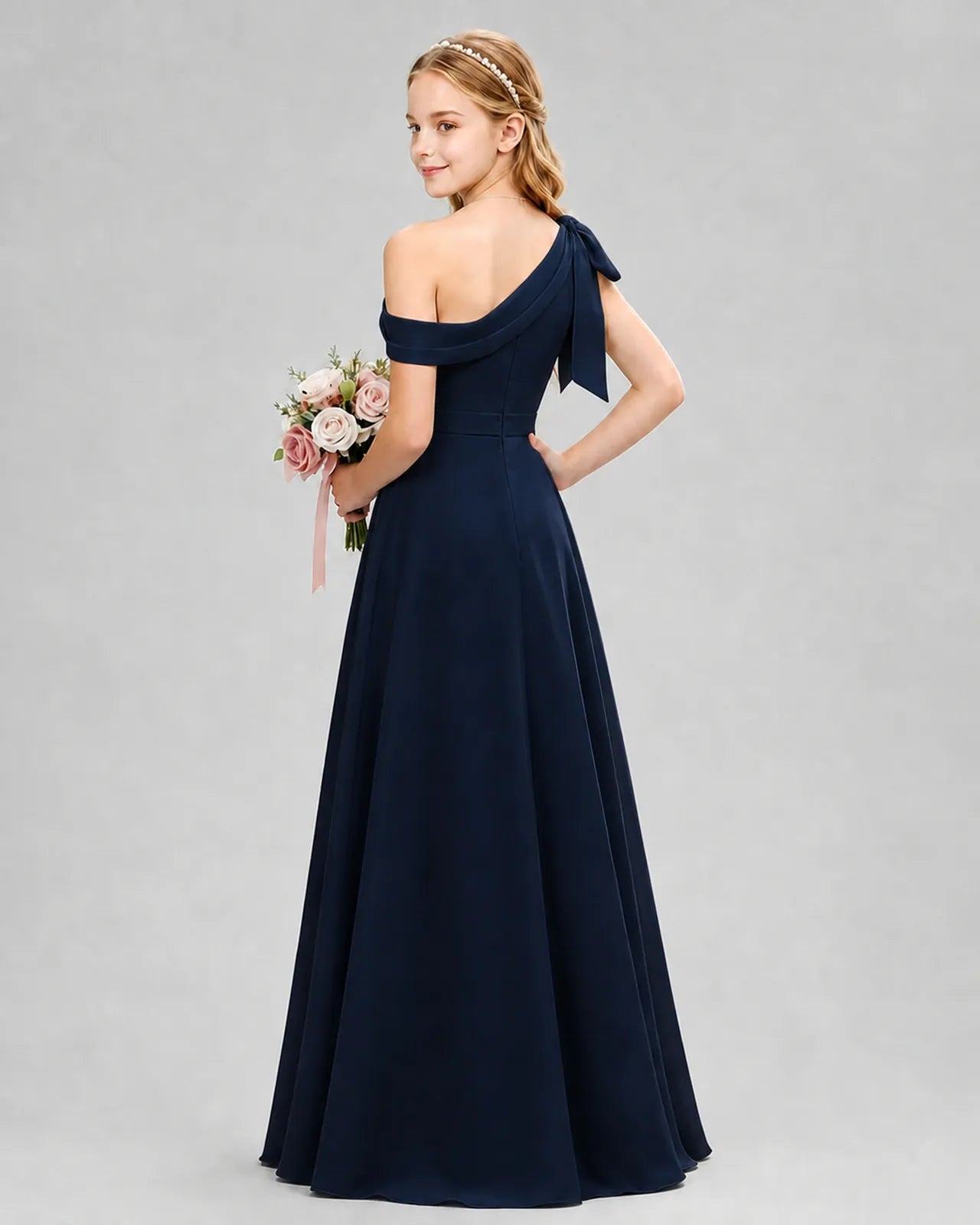 Navy Blue Chiffon A-line Junior Bridesmaid Dress Back View