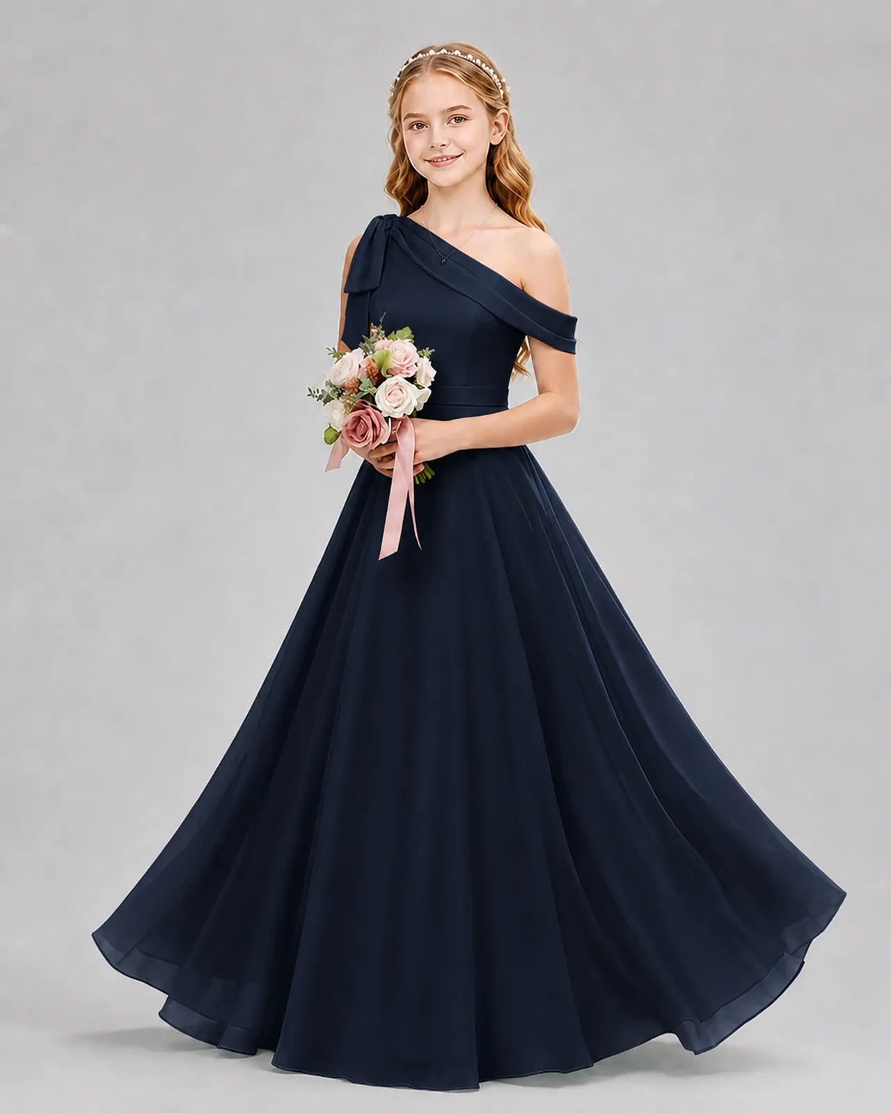 Navy Blue Chiffon A-line Junior Bridesmaid Dress Front View