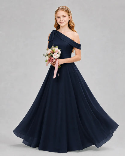 Navy Blue Chiffon A-line Junior Bridesmaid Dress Front View