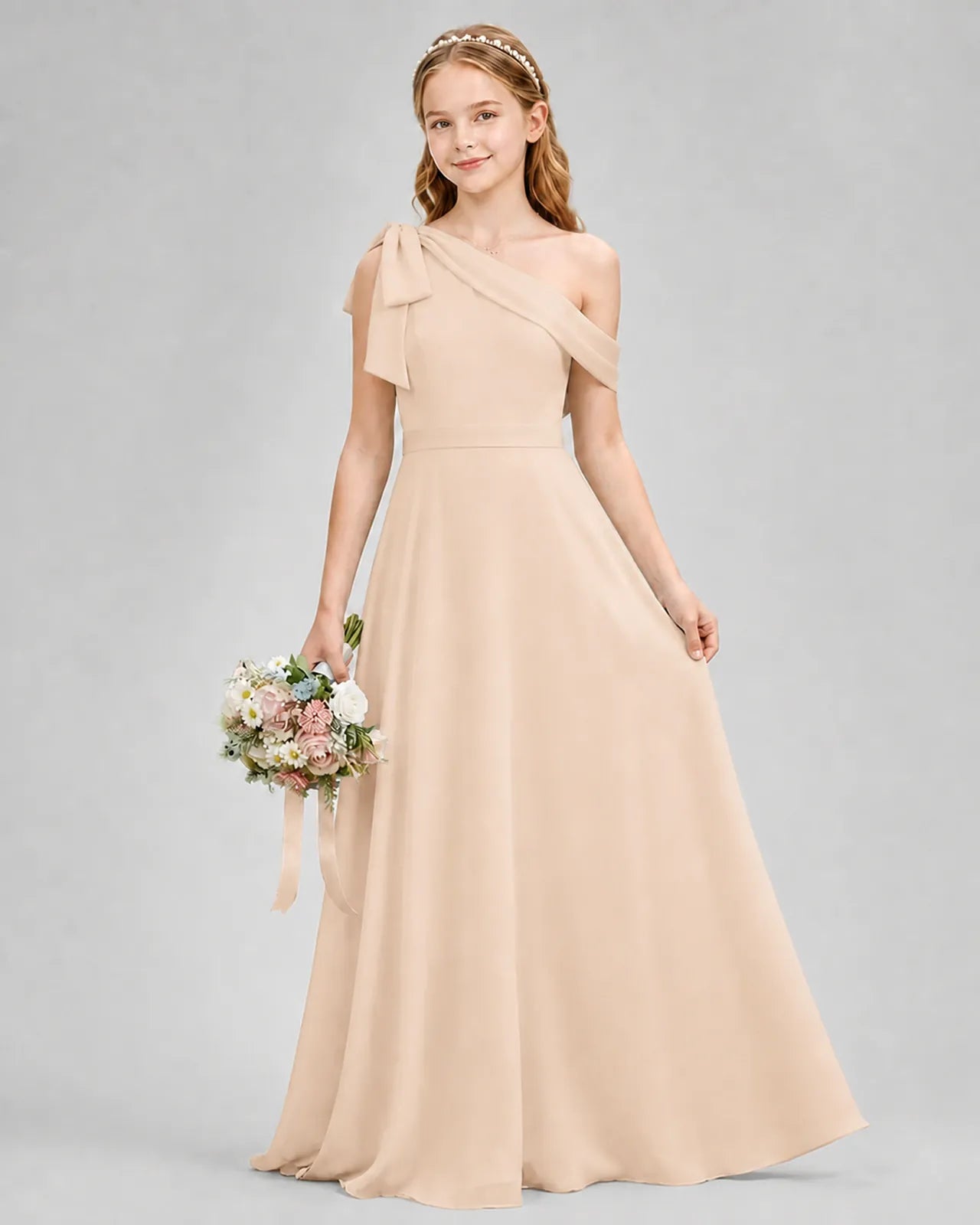 Peach Chiffon A-line Junior Bridesmaid Dress Front View