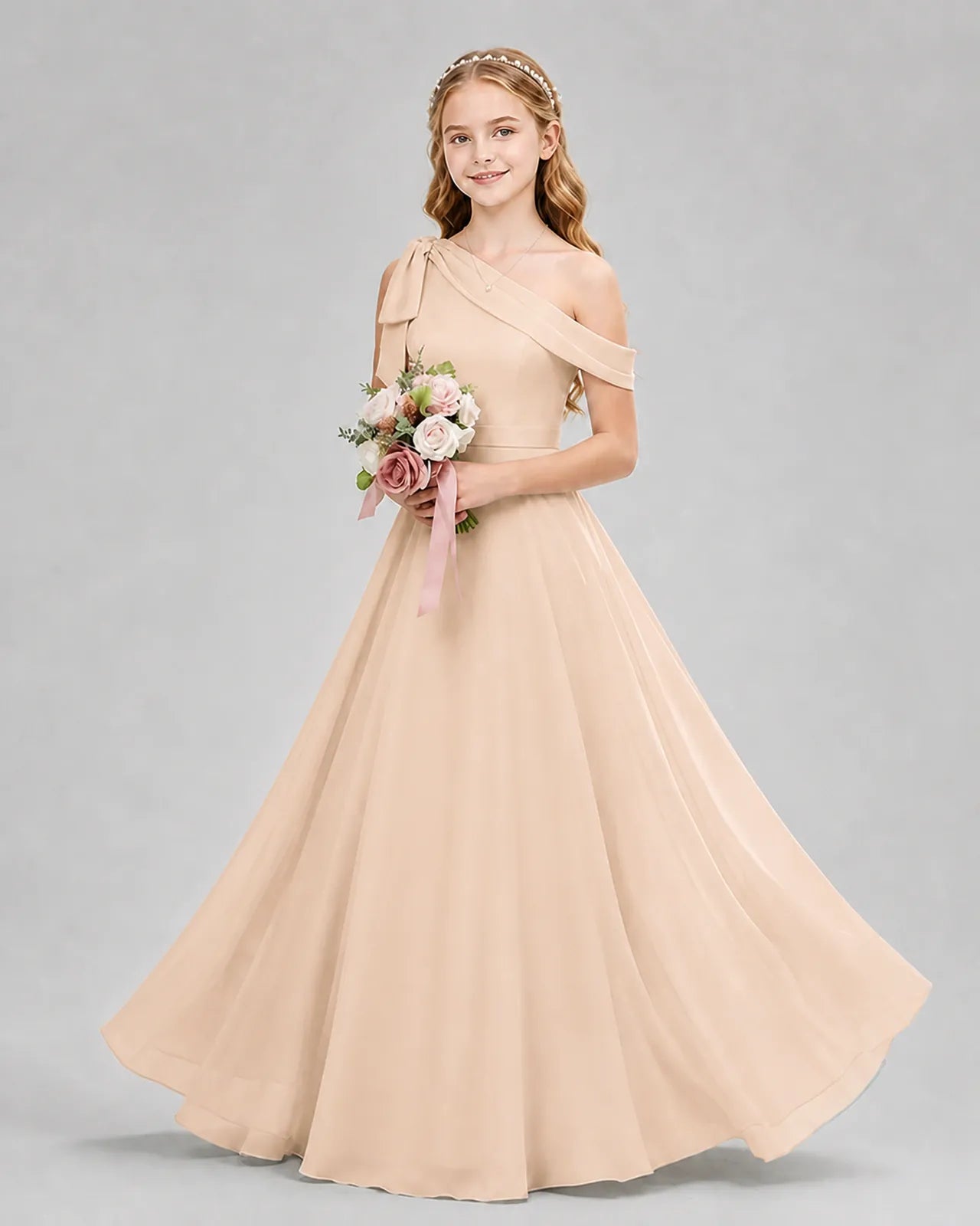 Peach Chiffon A-line Junior Bridesmaid Dress Front View