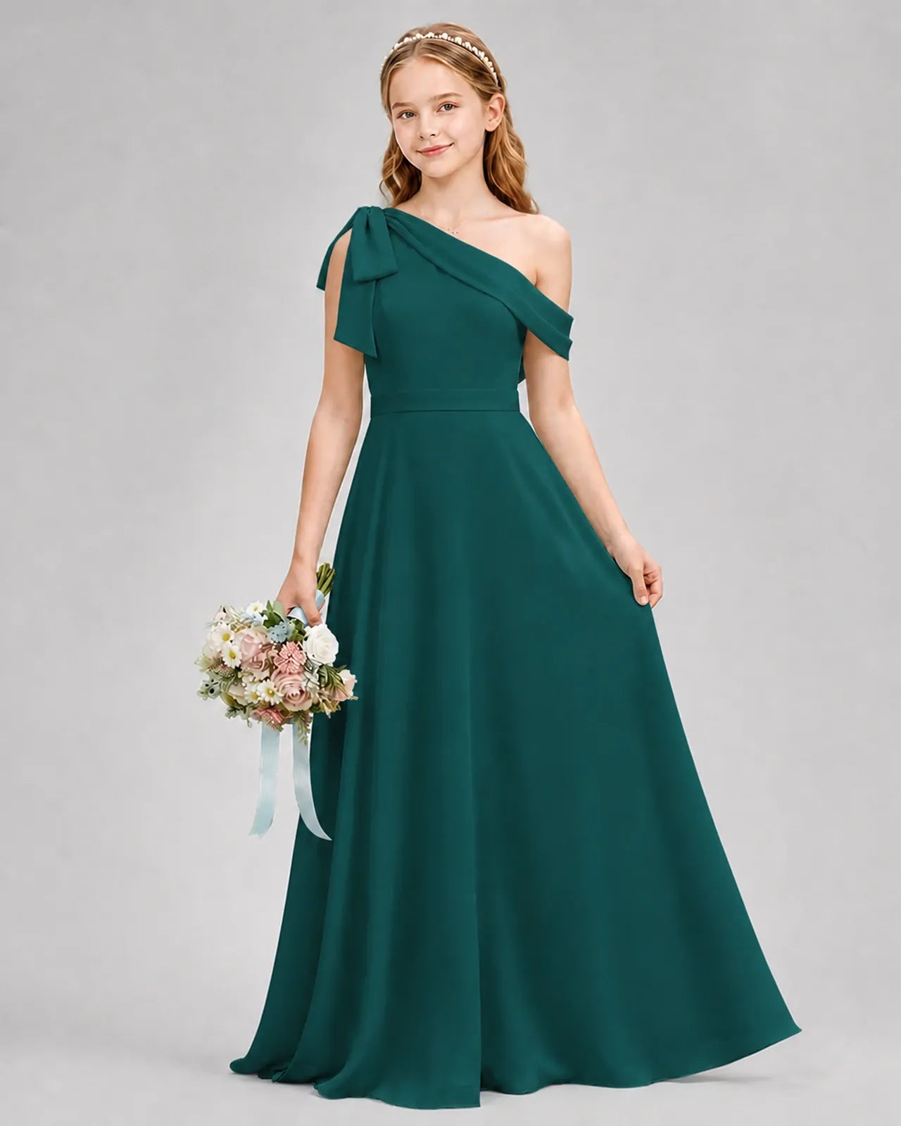 Peacock Chiffon A-line Junior Bridesmaid Dress Front View