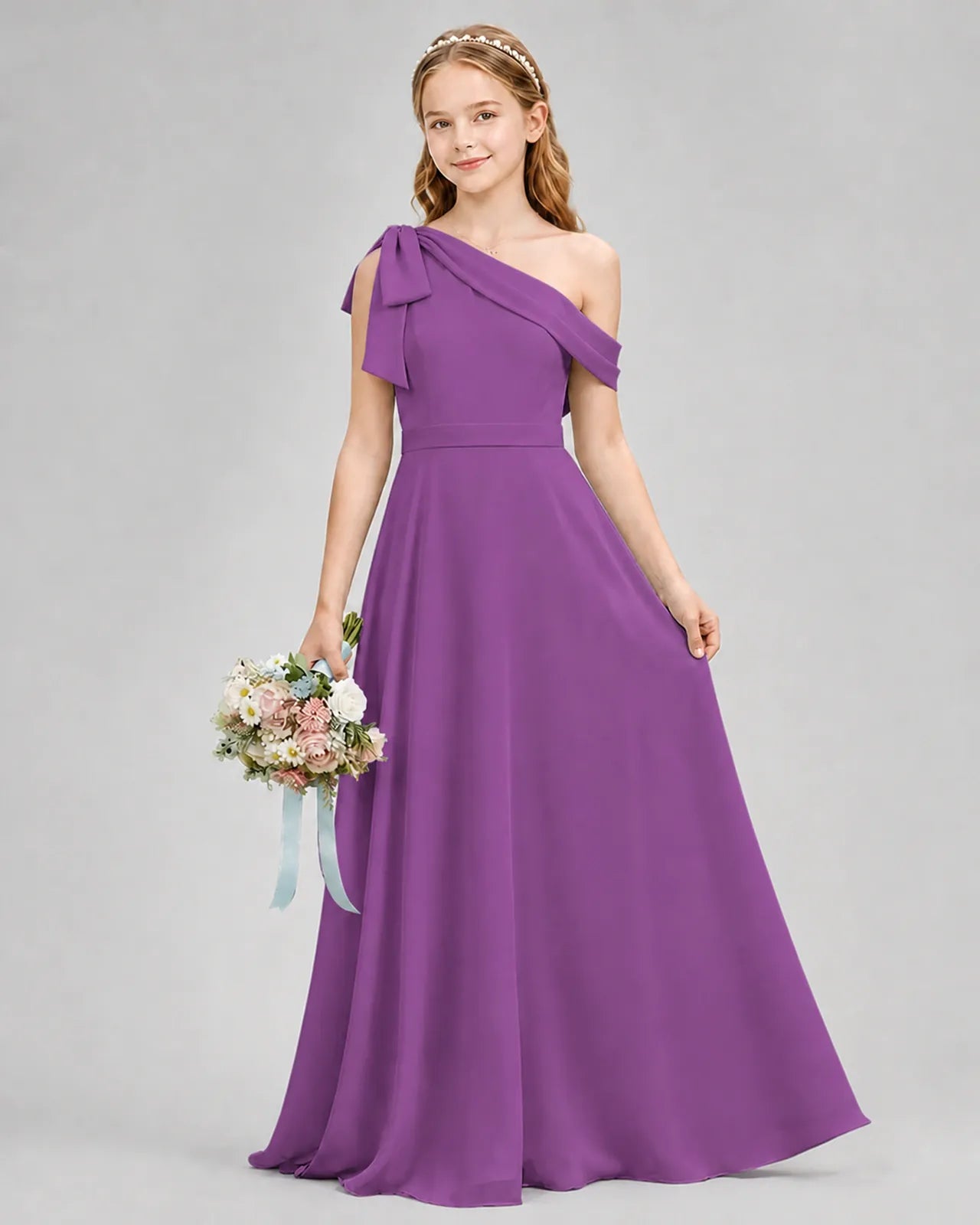 Purple Chiffon A-line Junior Bridesmaid Dress Front View