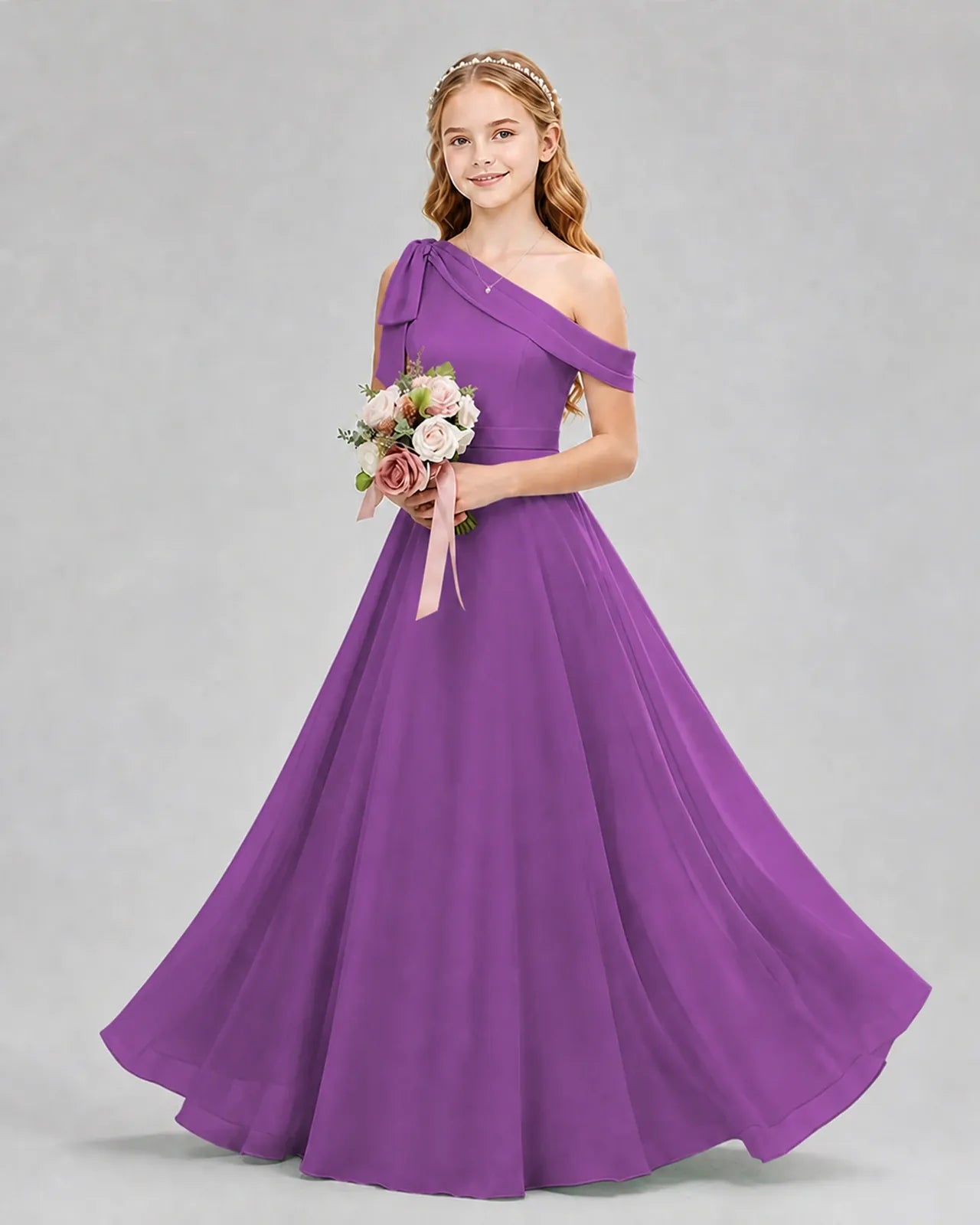 Purple Chiffon A-line Junior Bridesmaid Dress Front View