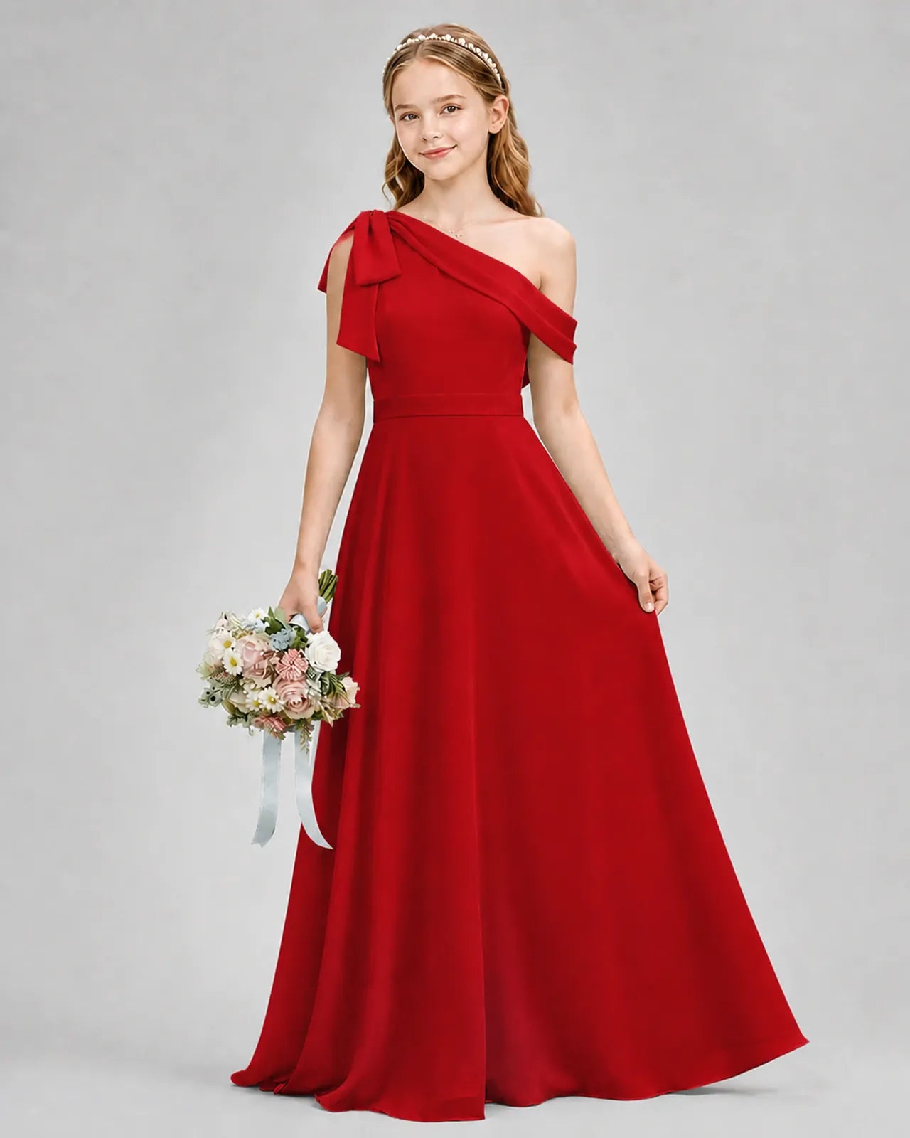 Red Chiffon A-line Junior Bridesmaid Dress Front View