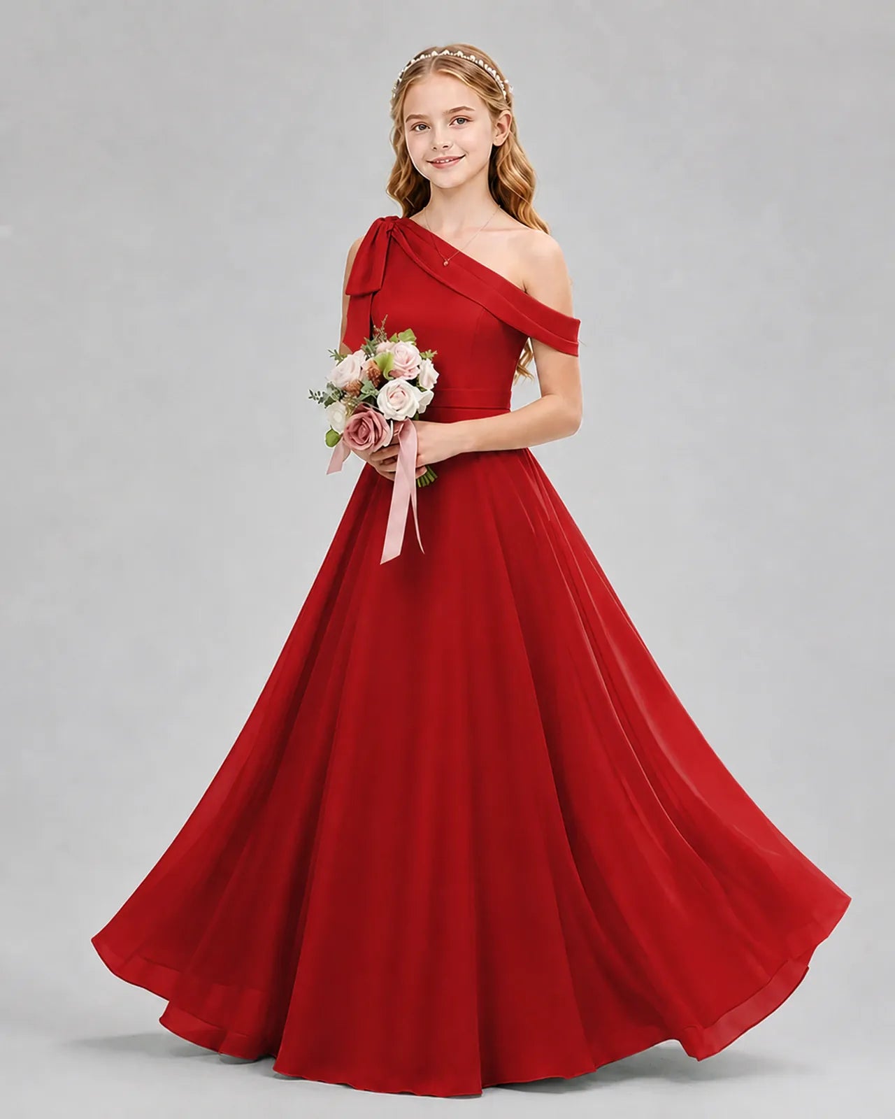 Red Chiffon A-line Junior Bridesmaid Dress Front View