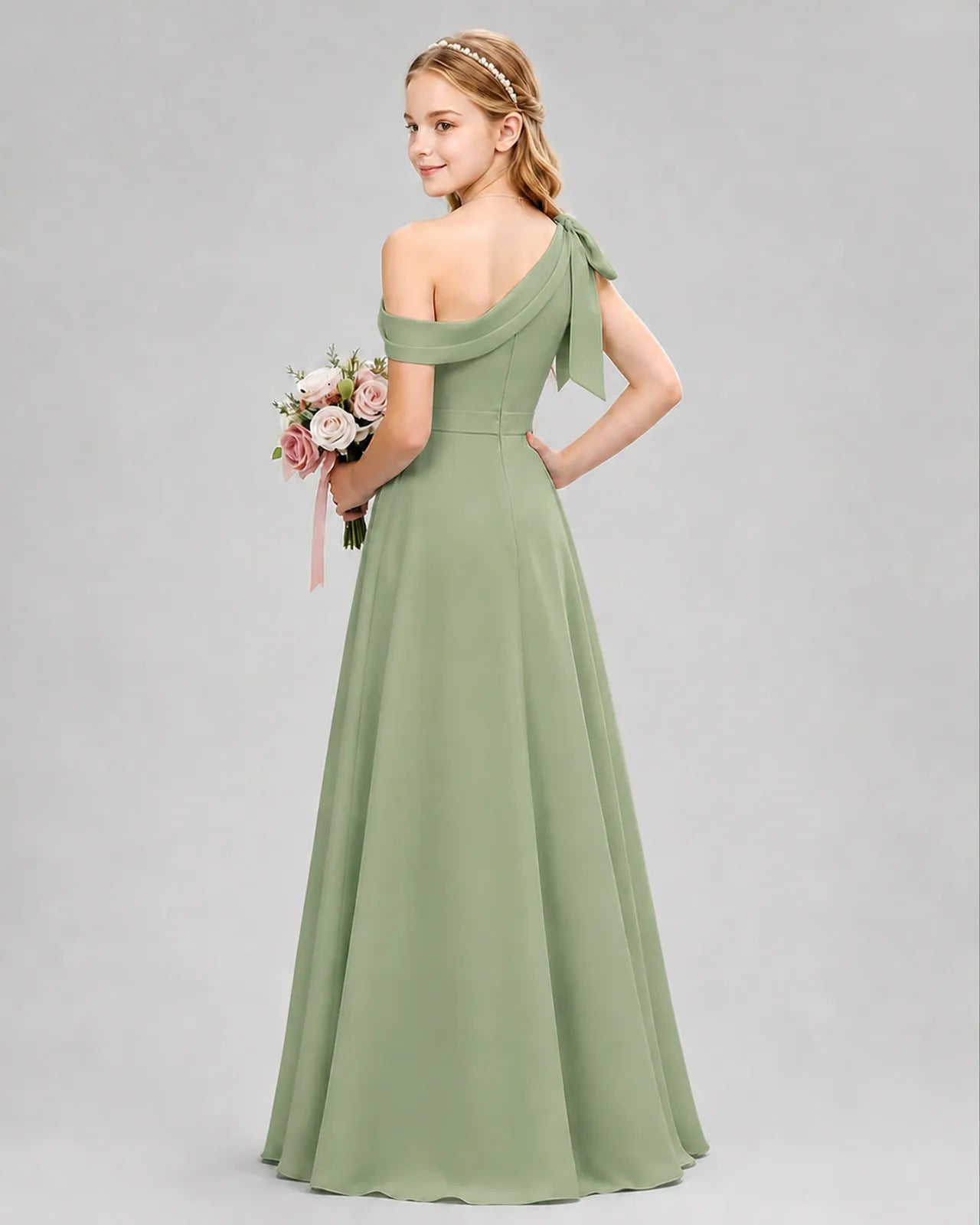 Sage Green Chiffon A-line Junior Bridesmaid Dress Back View