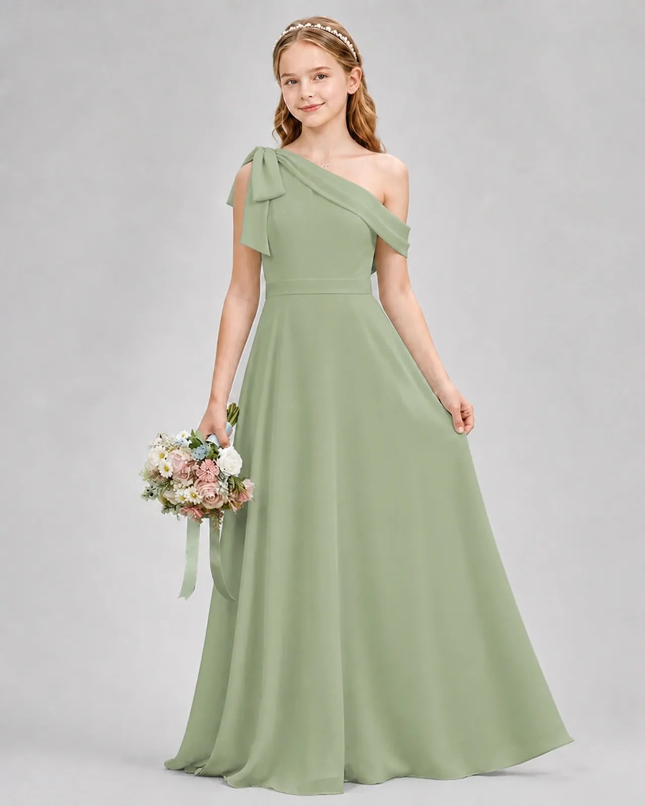 Sage Green Chiffon A-line Junior Bridesmaid Dress Front View