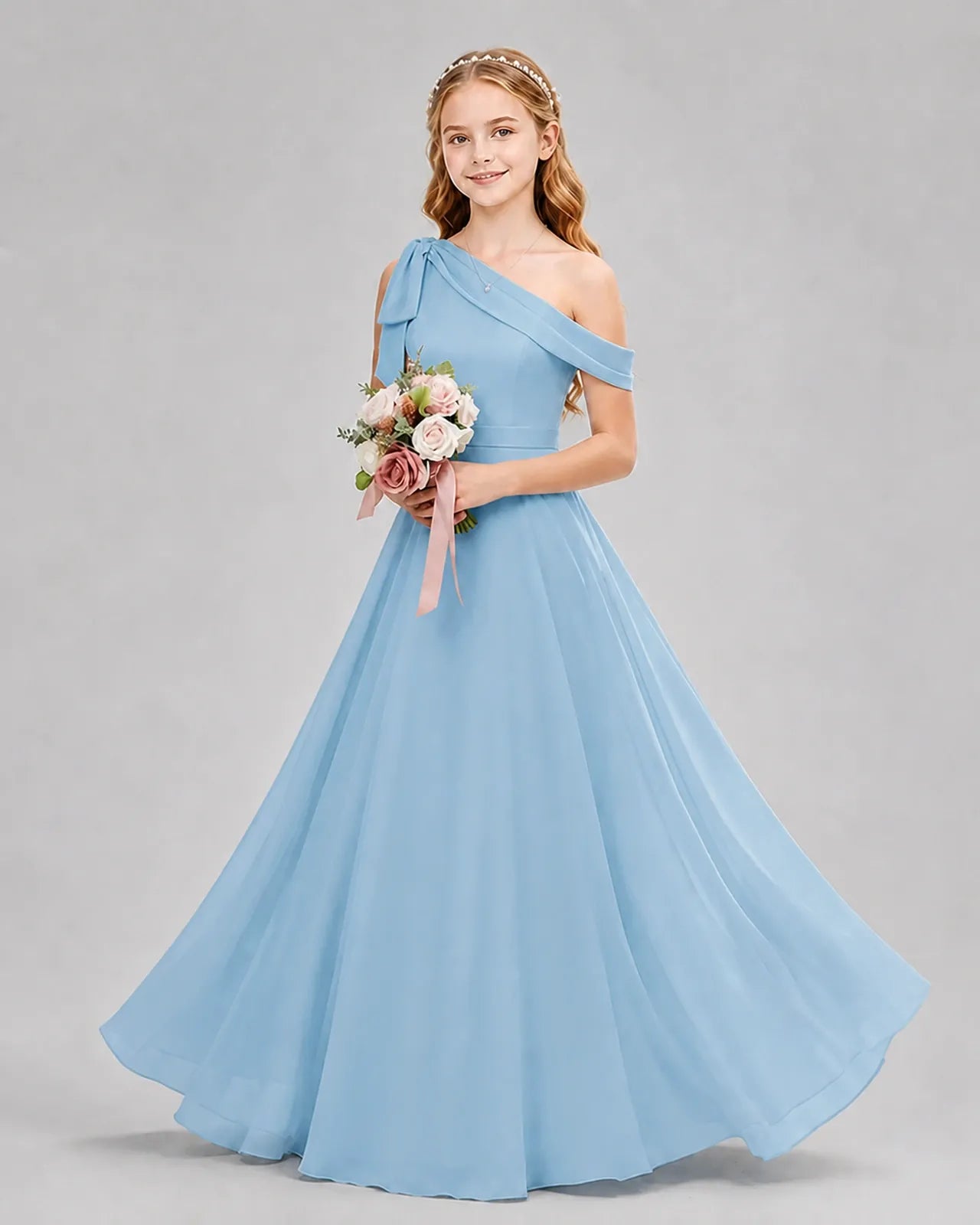 Sky Blue Chiffon A-line Junior Bridesmaid Dress Front View