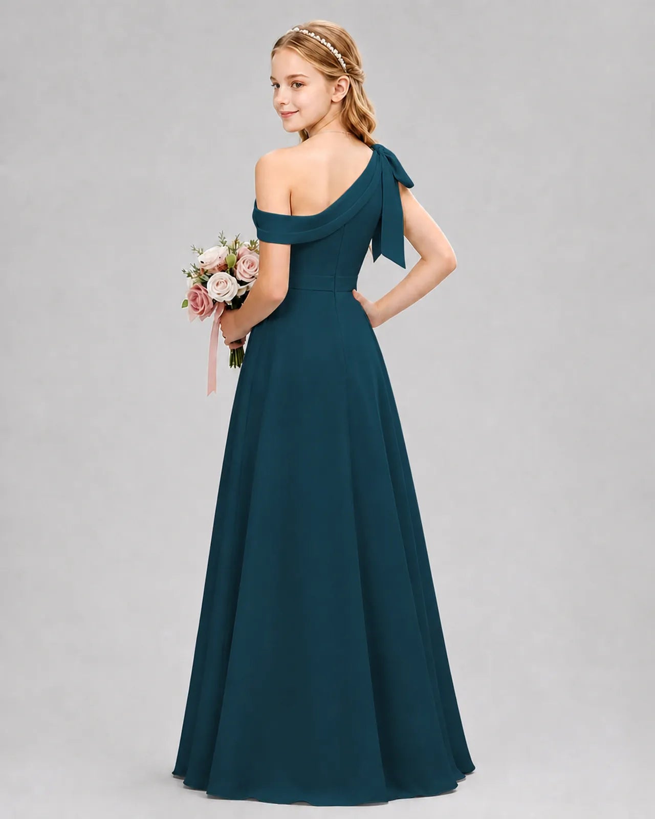 Teal Chiffon A-line Junior Bridesmaid Dress Back View