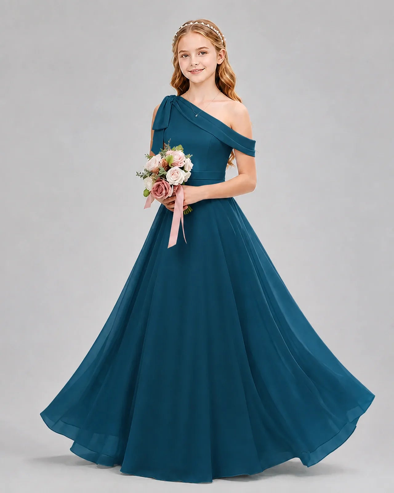 Teal Chiffon A-line Junior Bridesmaid Dress Front View