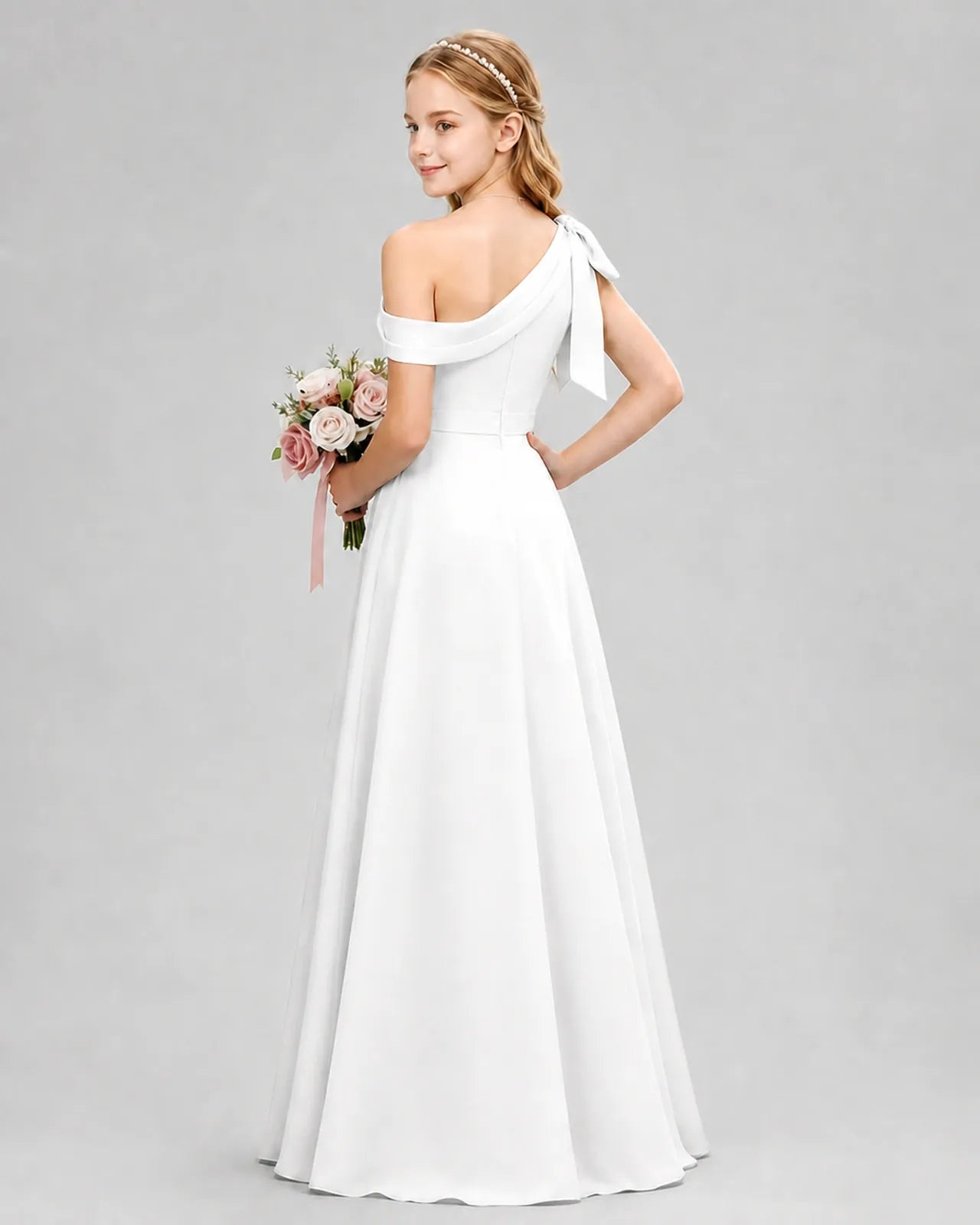 White Chiffon A-line Junior Bridesmaid Dress Back View