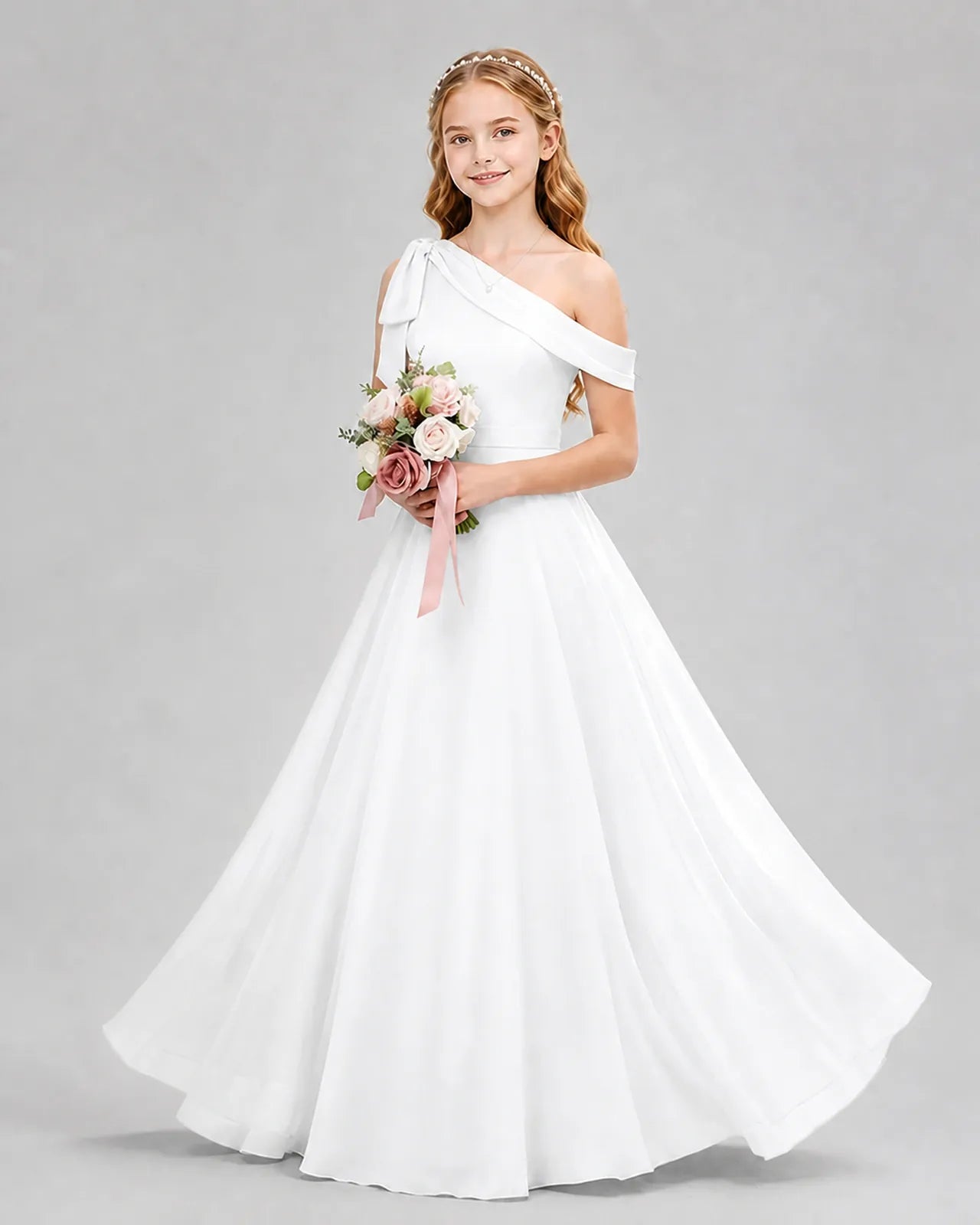 White Chiffon A-line Junior Bridesmaid Dress Front View
