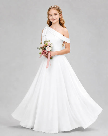 White Chiffon A-line Junior Bridesmaid Dress Front View