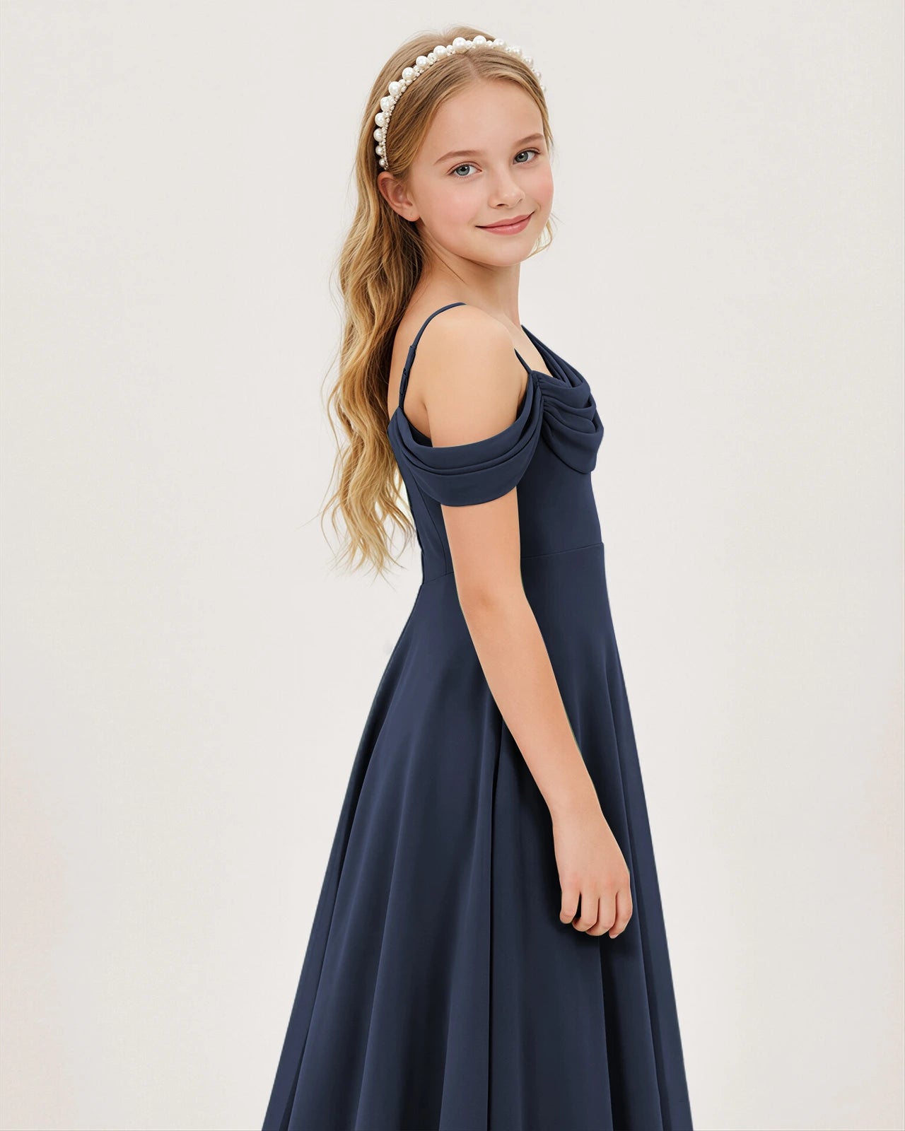 Navy Blue Chiffon A-line Junior Bridesmaid Dress Side View