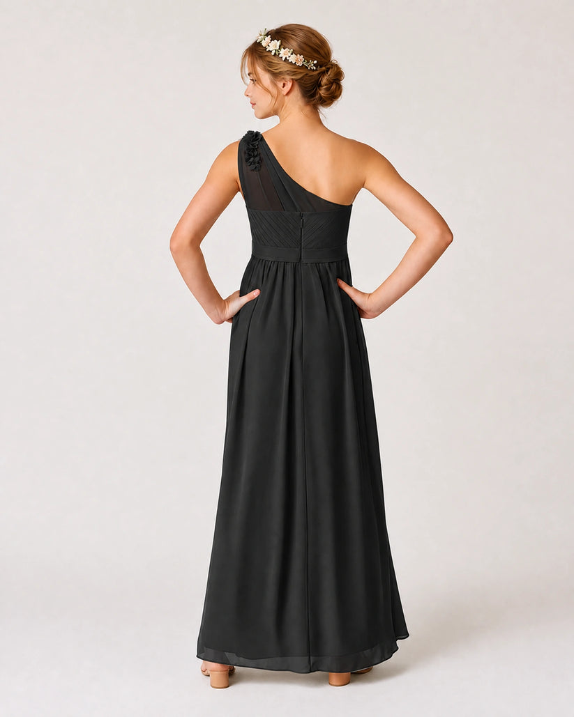 Black Chiffon A-line Junior Bridesmaid Dress Back View