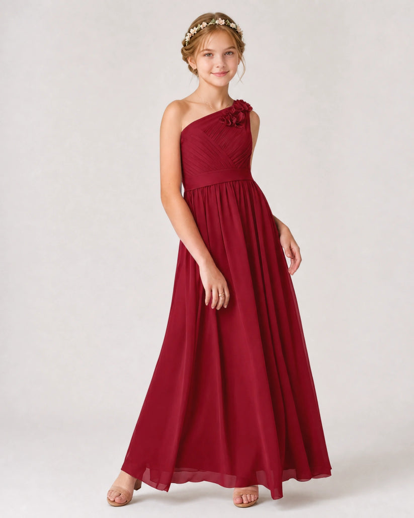 Burgundy Chiffon A-line Junior Bridesmaid Dress Front View