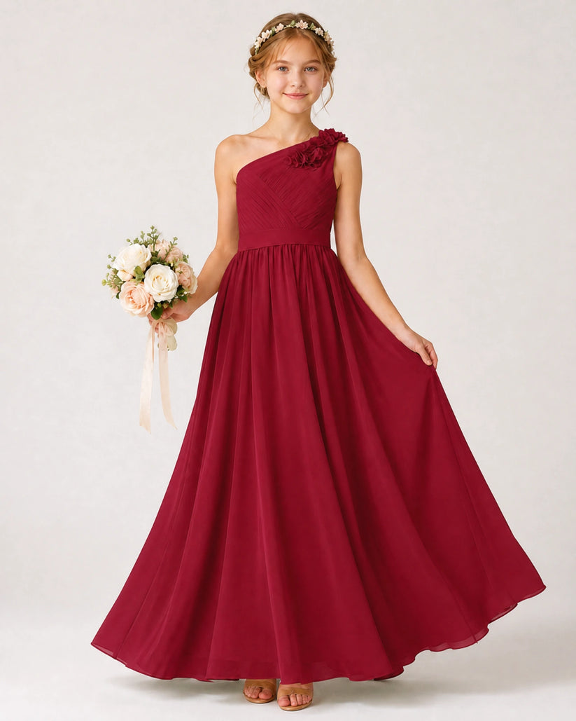 Burgundy Chiffon A-line Junior Bridesmaid Dress Front View
