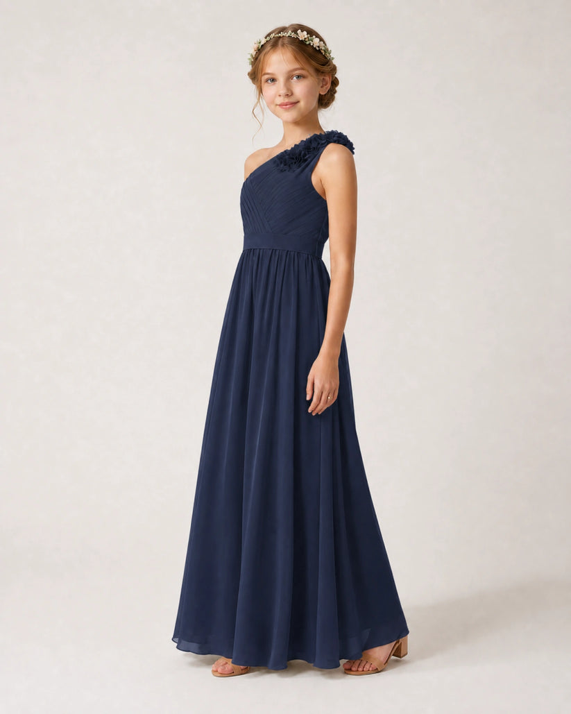 Navy Blue Chiffon A-line Junior Bridesmaid Dress Side View