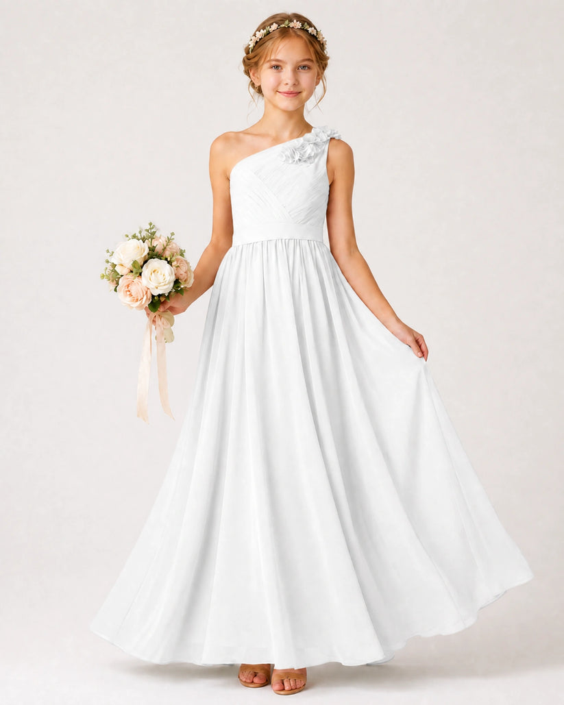 White Chiffon A-line Junior Bridesmaid Dress Front View