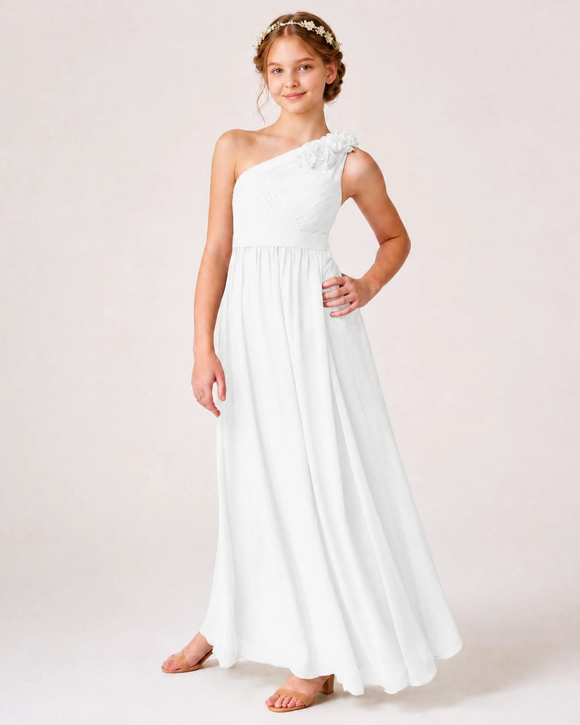 White Chiffon A-line Junior Bridesmaid Dress Front View
