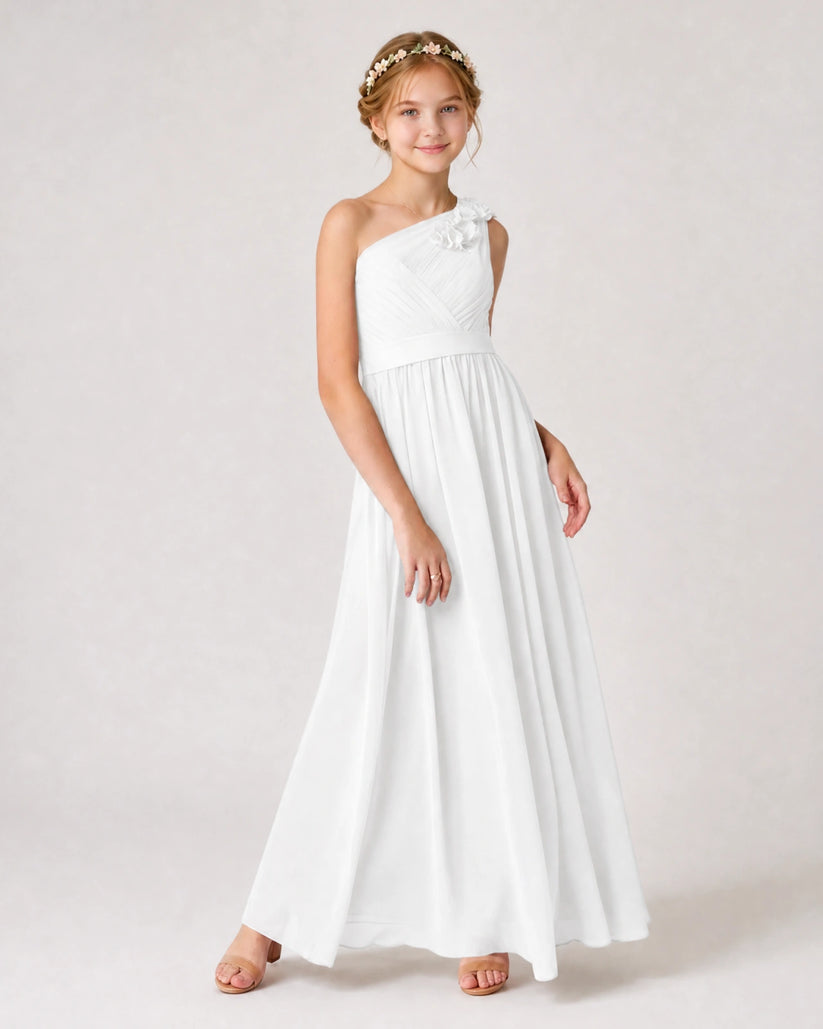 White Chiffon A-line Junior Bridesmaid Dress Front View