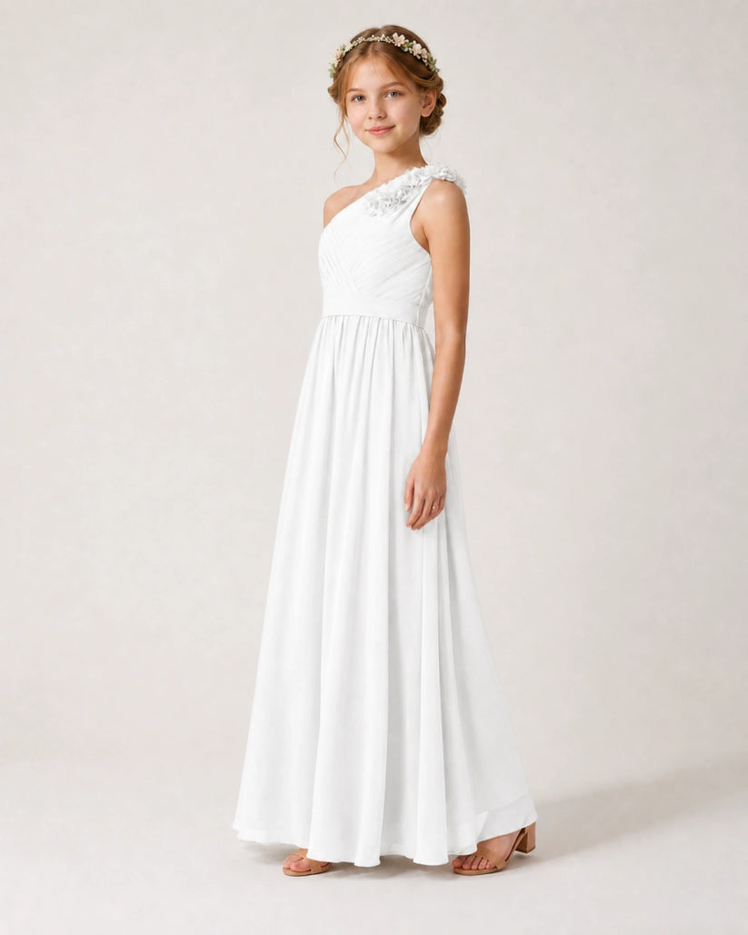 White Chiffon A-line Junior Bridesmaid Dress Side View