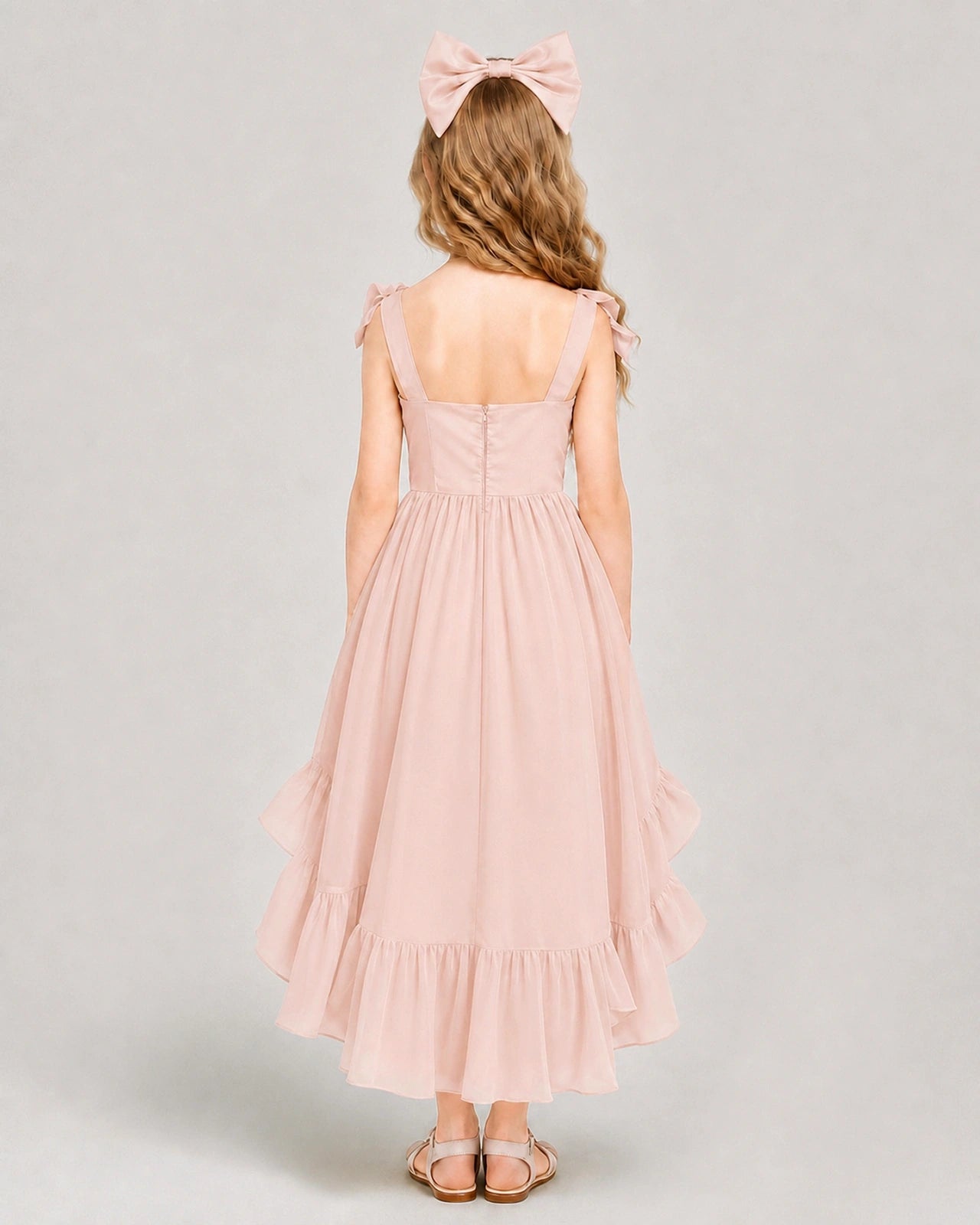 Dideyttawl Blush Pink Girl Formal Dress | Spaghetti Strap High Low Chiffon Gown