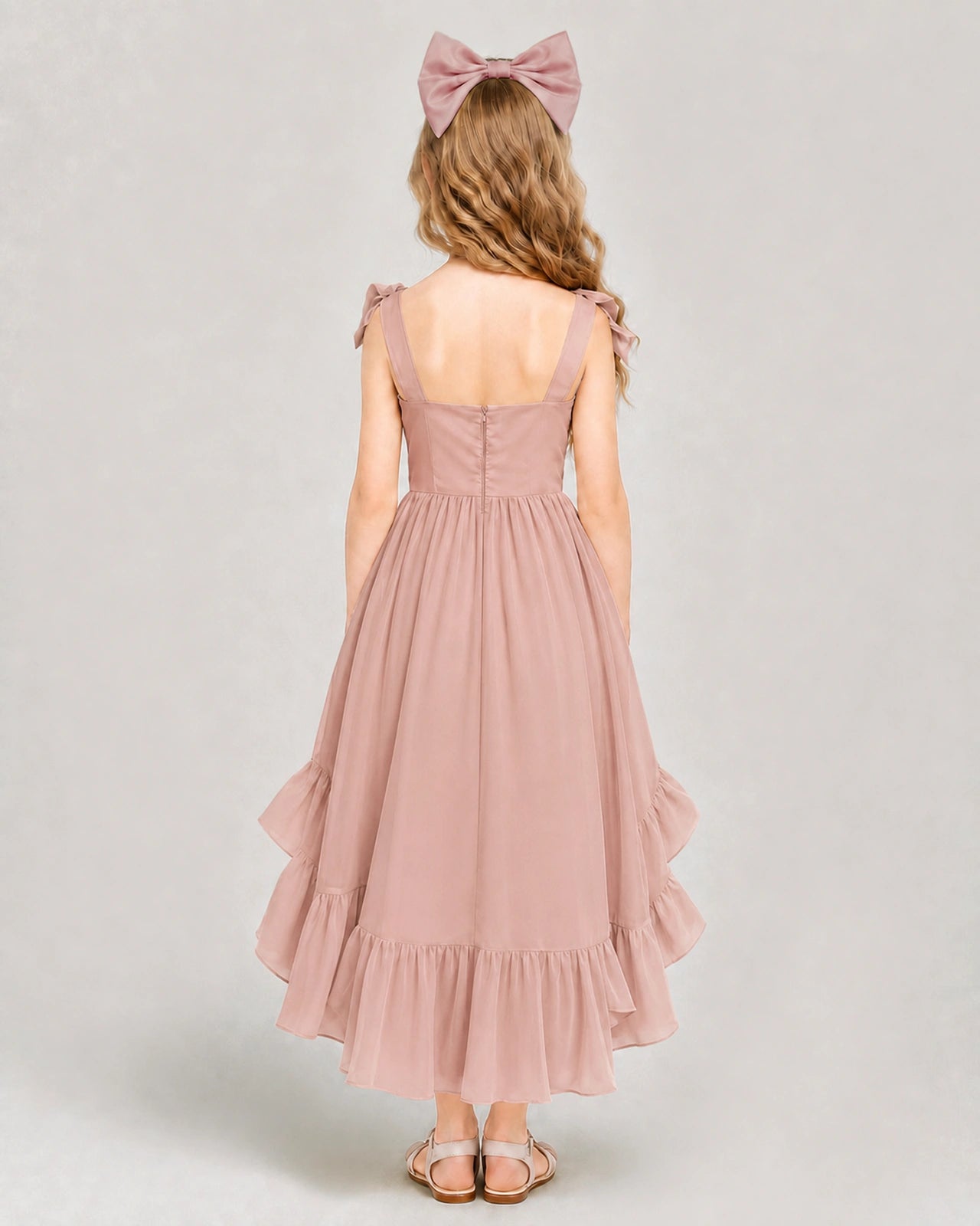 Dideyttawl Blush Pink Girls Formal Dress Spaghetti Strap High Low Chiffon Gown