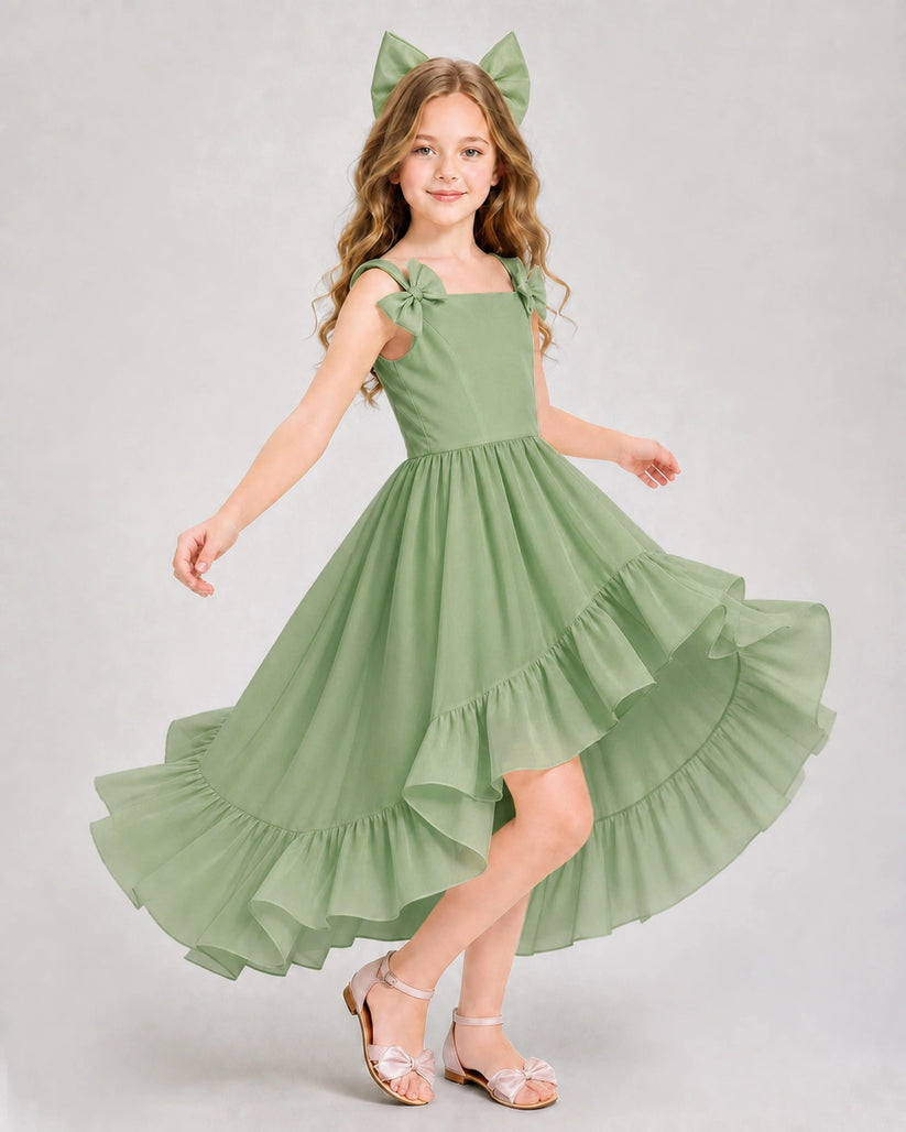 Sage Green Chiffon High-Low Girls Formal Dress Front View
