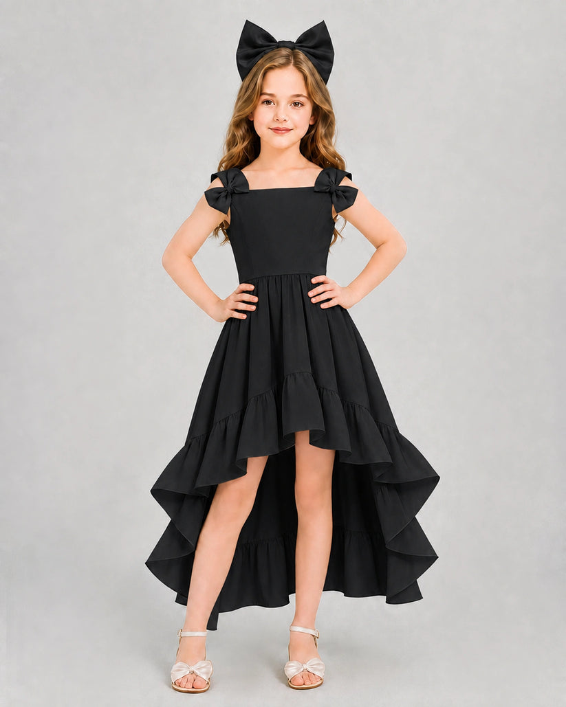 Black Satin A-line Girls Formal Dress Front View