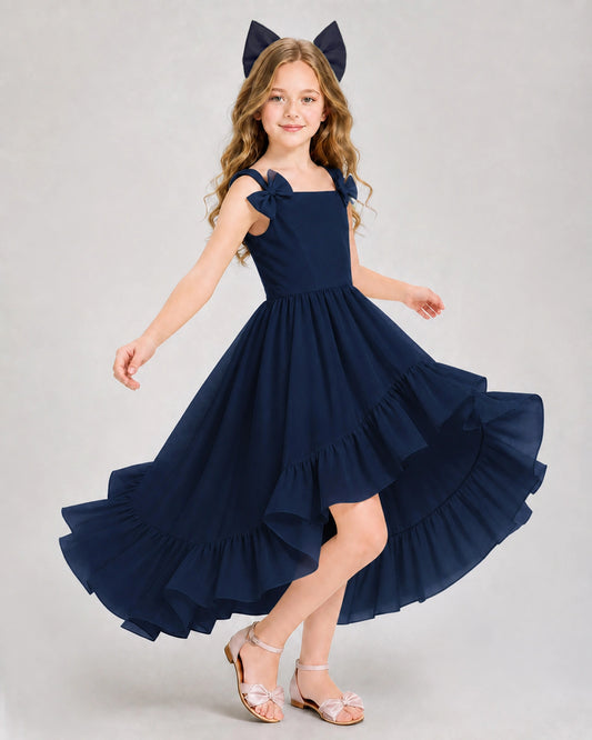 Navy Blue Chiffon A-line Girls Formal Dress Front View
