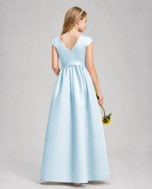 Baby Blue Satin A-line Junior Bridesmaid Dress Back View