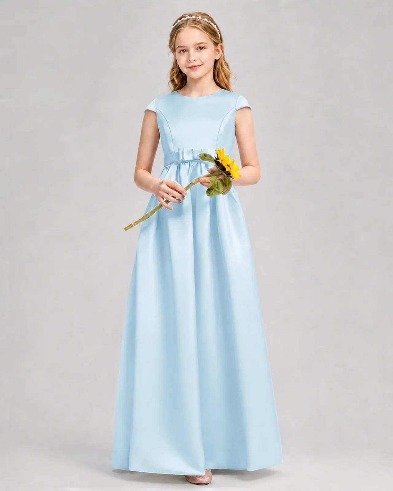 Baby Blue Satin A-line Junior Bridesmaid Dress Front View