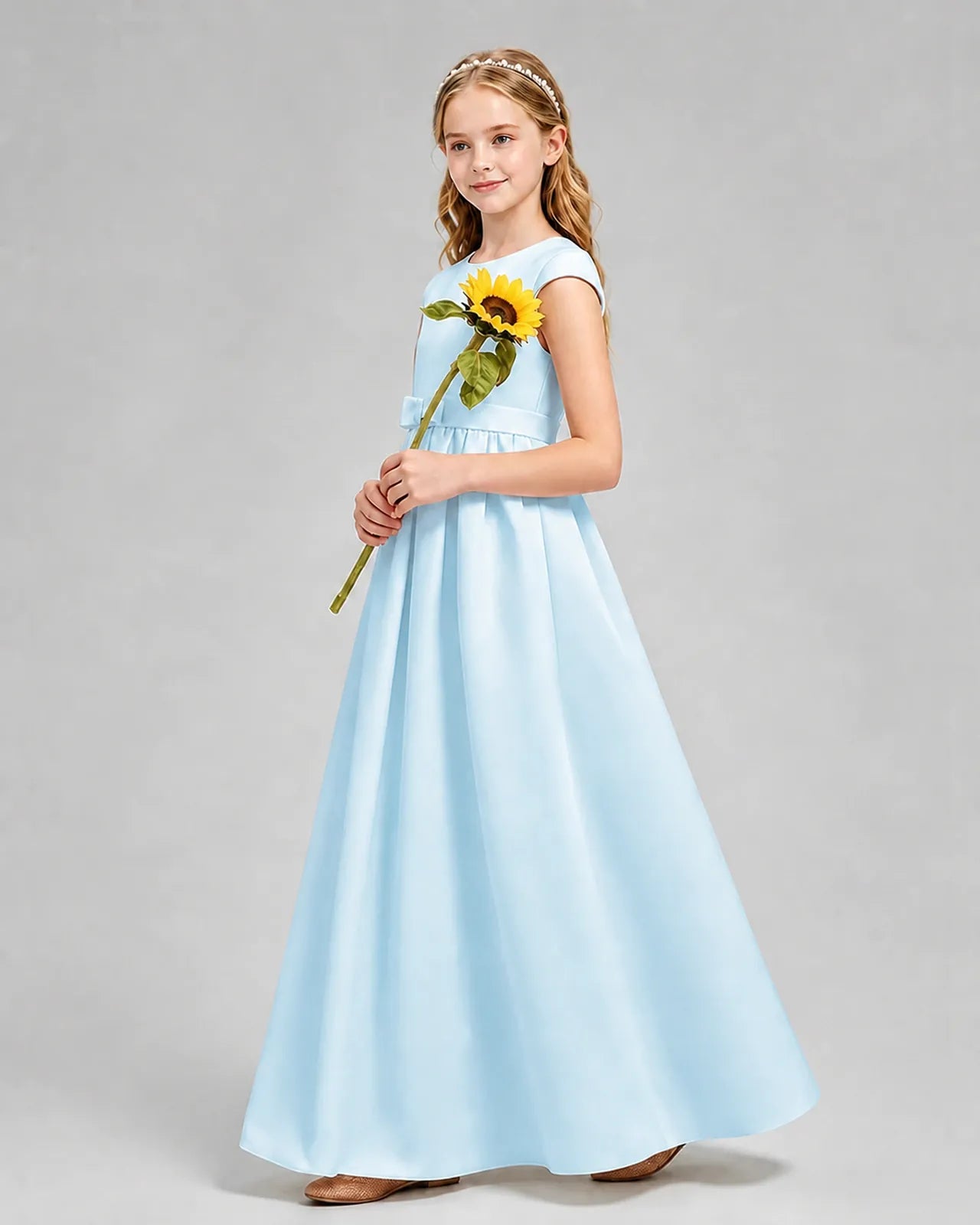 Baby Blue Satin A-line Junior Bridesmaid Dress Side View