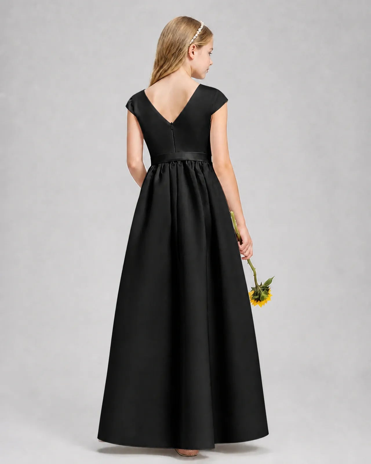 Black Satin A-line Junior Bridesmaid Dress Back View