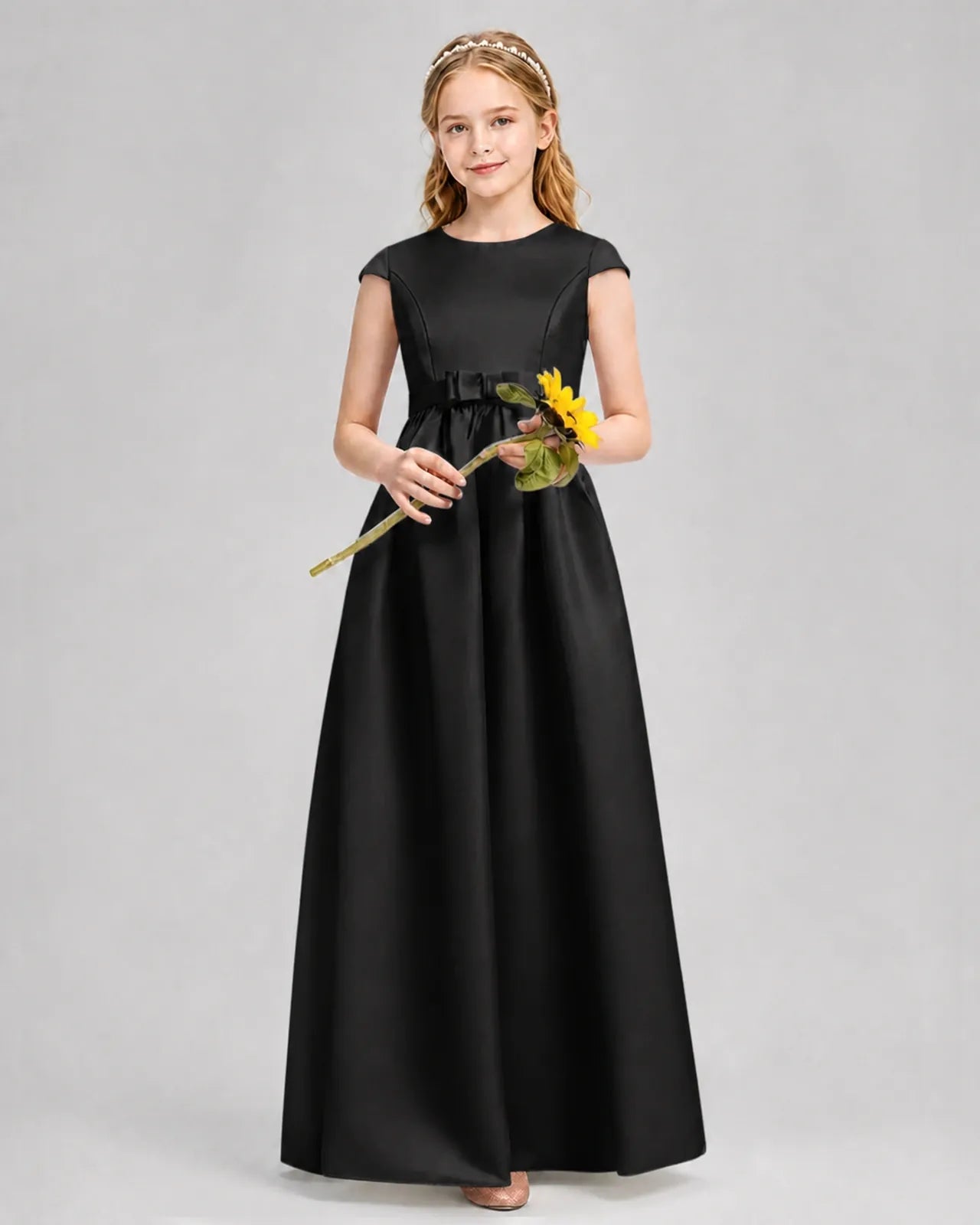 Black Satin A-line Junior Bridesmaid Dress Front View
