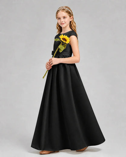Black Satin A-line Junior Bridesmaid Dress Side View